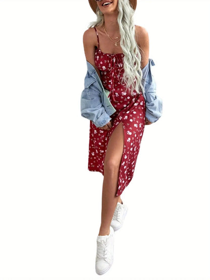 Women Summer Floral Dress, Flower Print Spaghetti Strap Sleeveless One-Piece with High Slit for Ladies, Red/Green/Blue MyFave Boutique