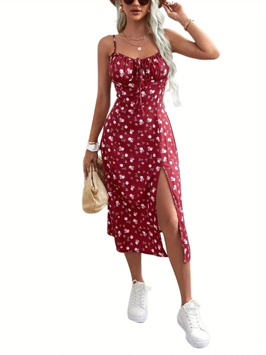 Women Summer Floral Dress, Flower Print Spaghetti Strap Sleeveless One-Piece with High Slit for Ladies, Red/Green/Blue MyFave Boutique