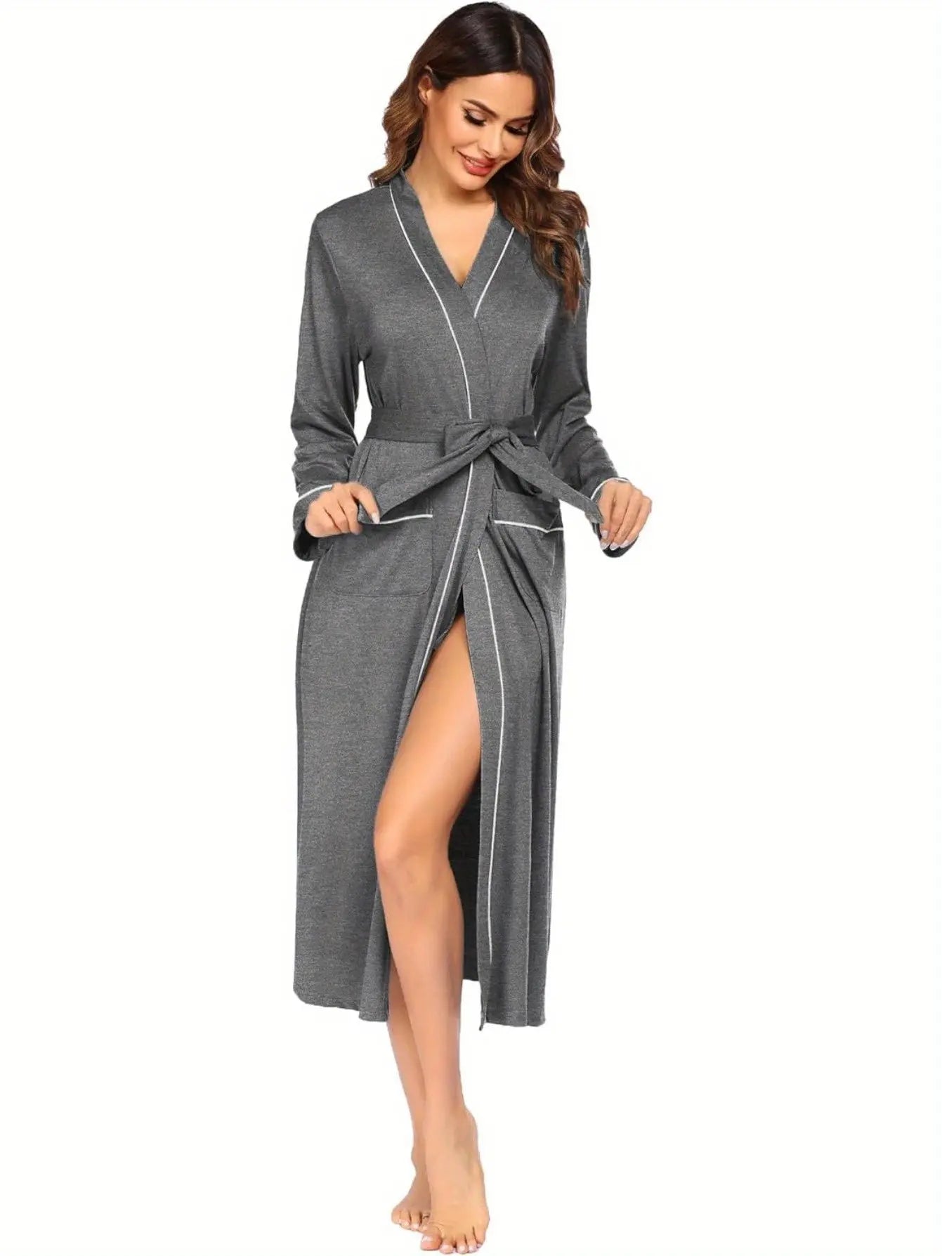 Women's Kimono Robe - Full Length Lightweight Knit Bathrobe for Soft Sleepwear, V-neck, Casual Loungewear MyFave Boutique