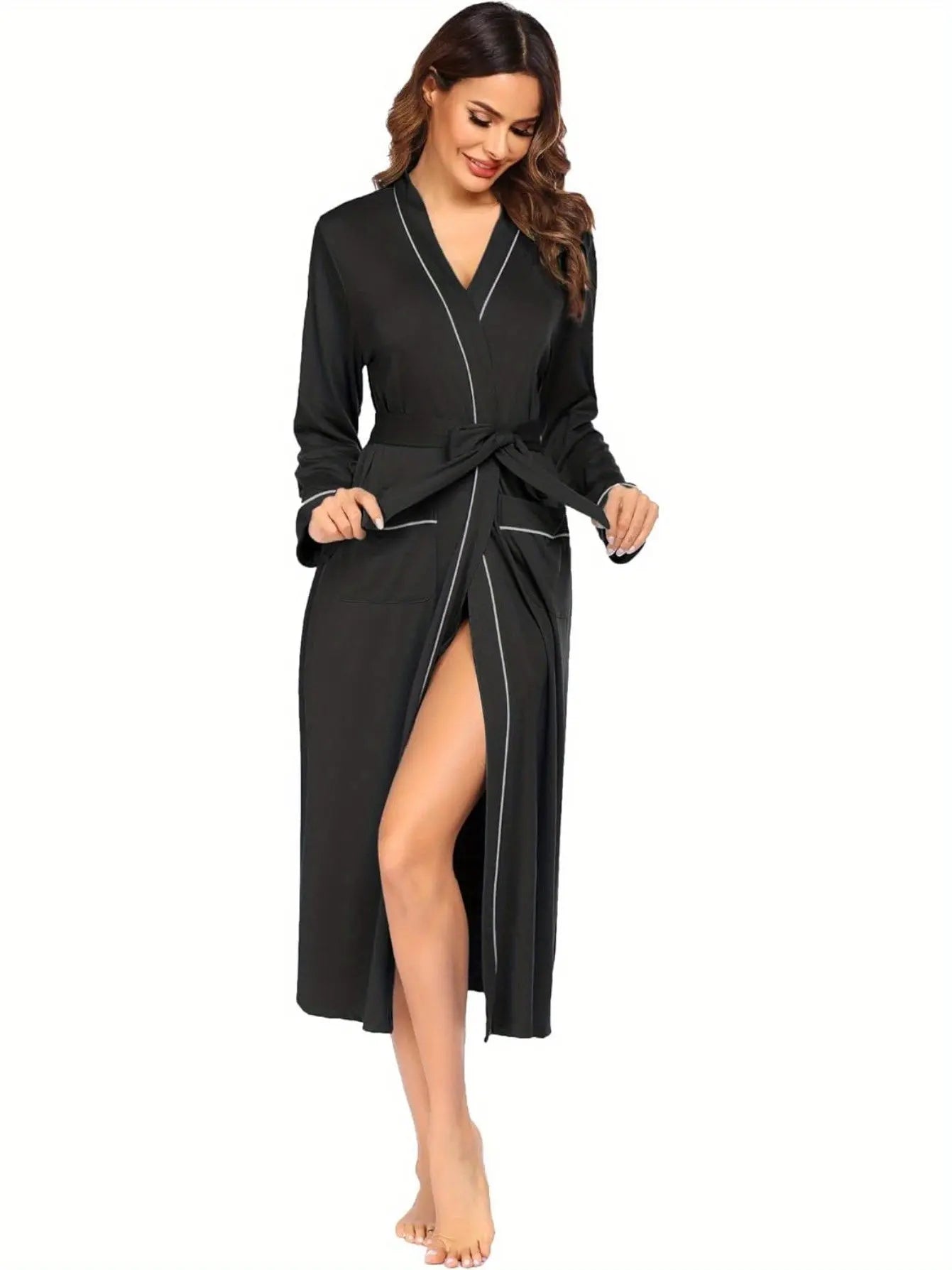 Women's Kimono Robe - Full Length Lightweight Knit Bathrobe for Soft Sleepwear, V-neck, Casual Loungewear MyFave Boutique