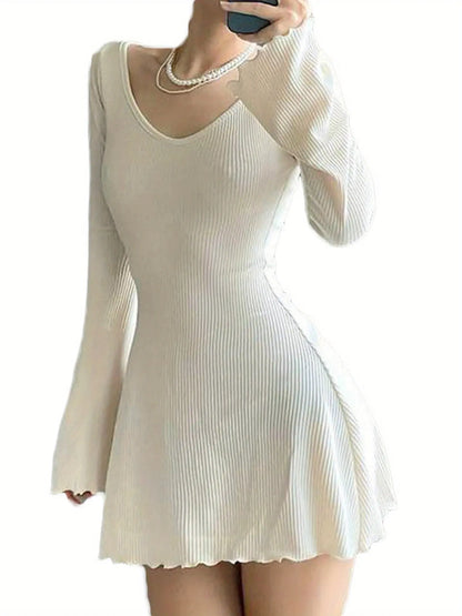 Chic Ribbed V Neck A Line Mini Dress with Lettuce Trim Sleeves - Perfect for Parties and Clubbing - Women's Clothing MyFave Boutique