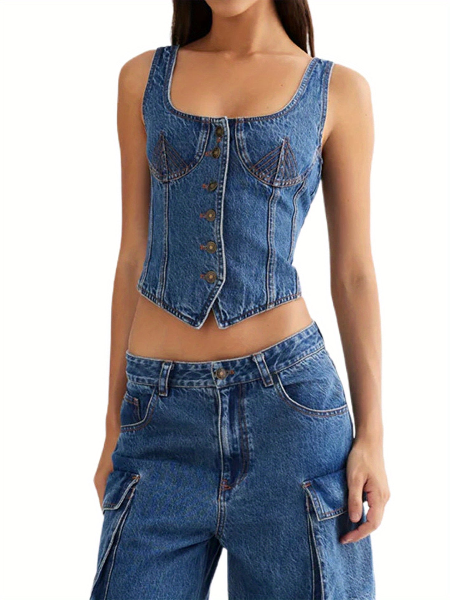 Women Denim Vest Deep V Neck Tie Up Front Sleeveless Jean Tank Top Low Cut Tight Fit Fashion Cropped Vest MyFave Boutique