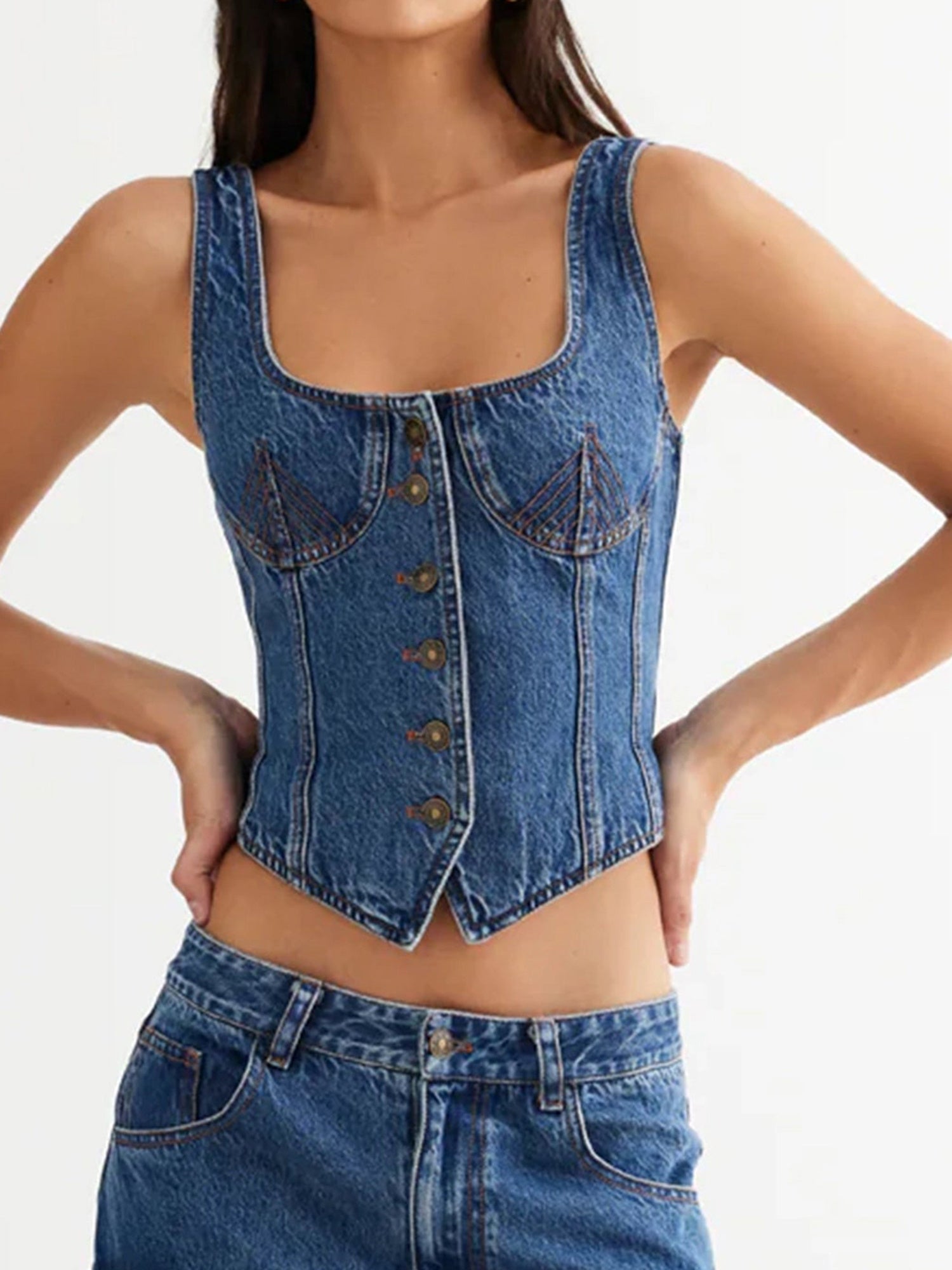 Women Denim Vest Deep V Neck Tie Up Front Sleeveless Jean Tank Top Low Cut Tight Fit Fashion Cropped Vest MyFave Boutique