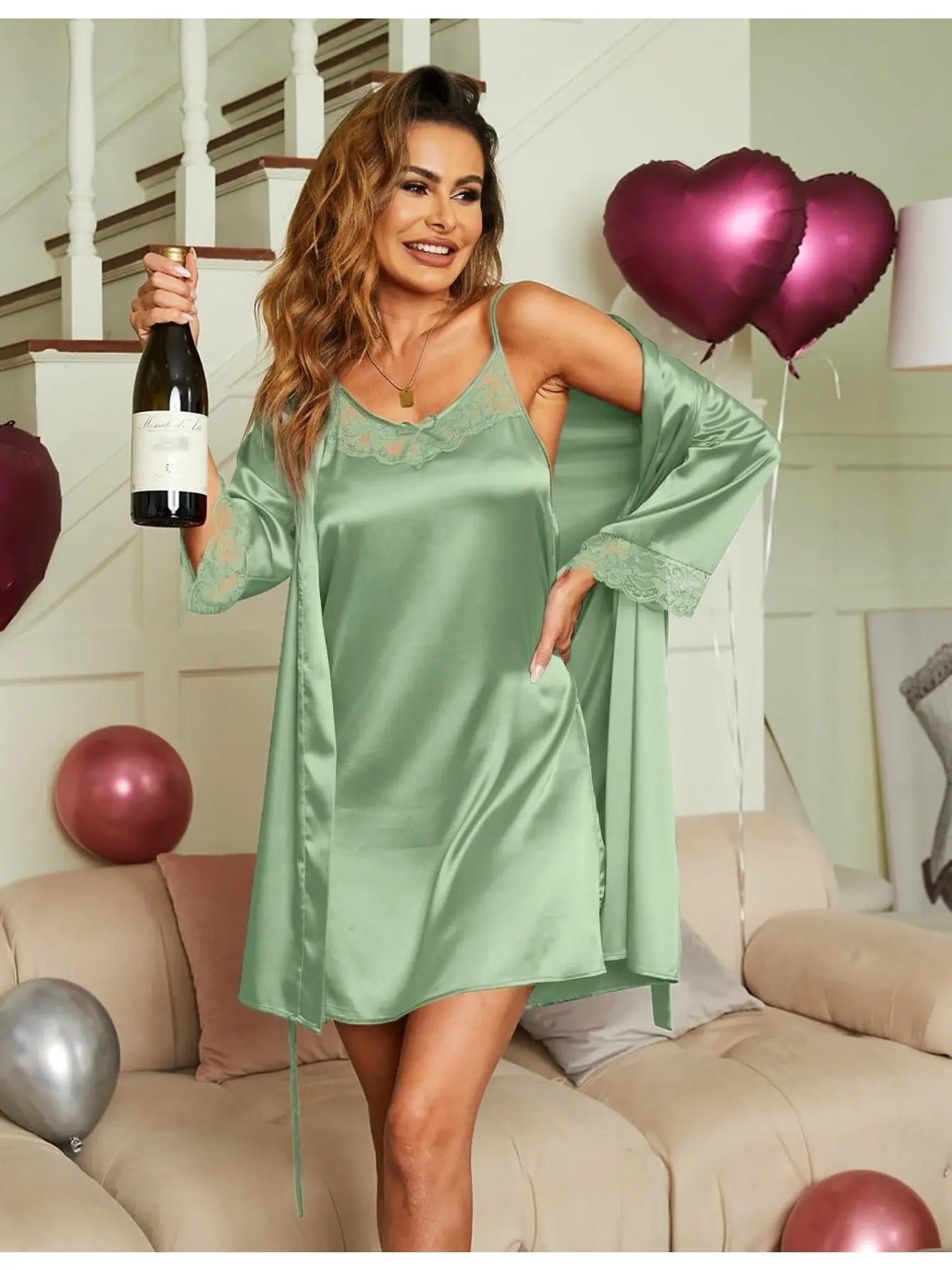 Women's Luxurious Satin Nightgown with Robes Set - 2 Piece Ensemble for a Stylish and Sensual Nighttime Experience MyFave Boutique