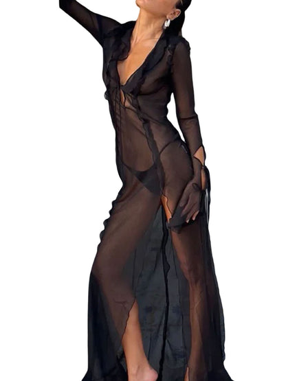 Split Thigh Mesh Sheer Maxi Dress, Sexy Deep V Neck Long Sleeve Slim Coverup Dress For Party & Beach, Women's Clothing MyFave Boutique