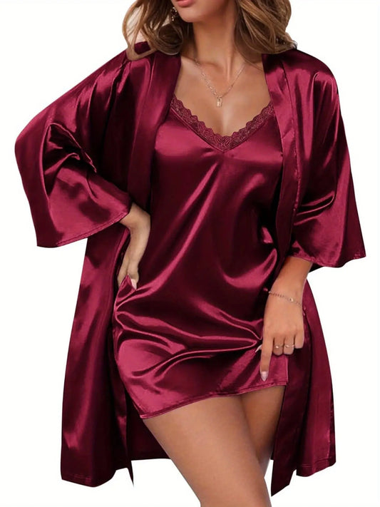 Women's Lace Trim Satin Pajama Set with Three Quarter Sleeve Robe & Slip Dress - Elegant and Comfortable MyFave Boutique