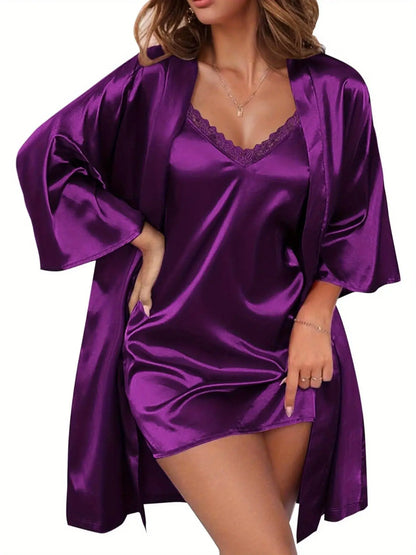 Women's Lace Trim Satin Pajama Set with Three Quarter Sleeve Robe & Slip Dress - Elegant and Comfortable MyFave Boutique