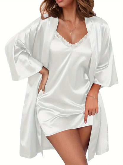 Women's Lace Trim Satin Pajama Set with Three Quarter Sleeve Robe & Slip Dress - Elegant and Comfortable MyFave Boutique