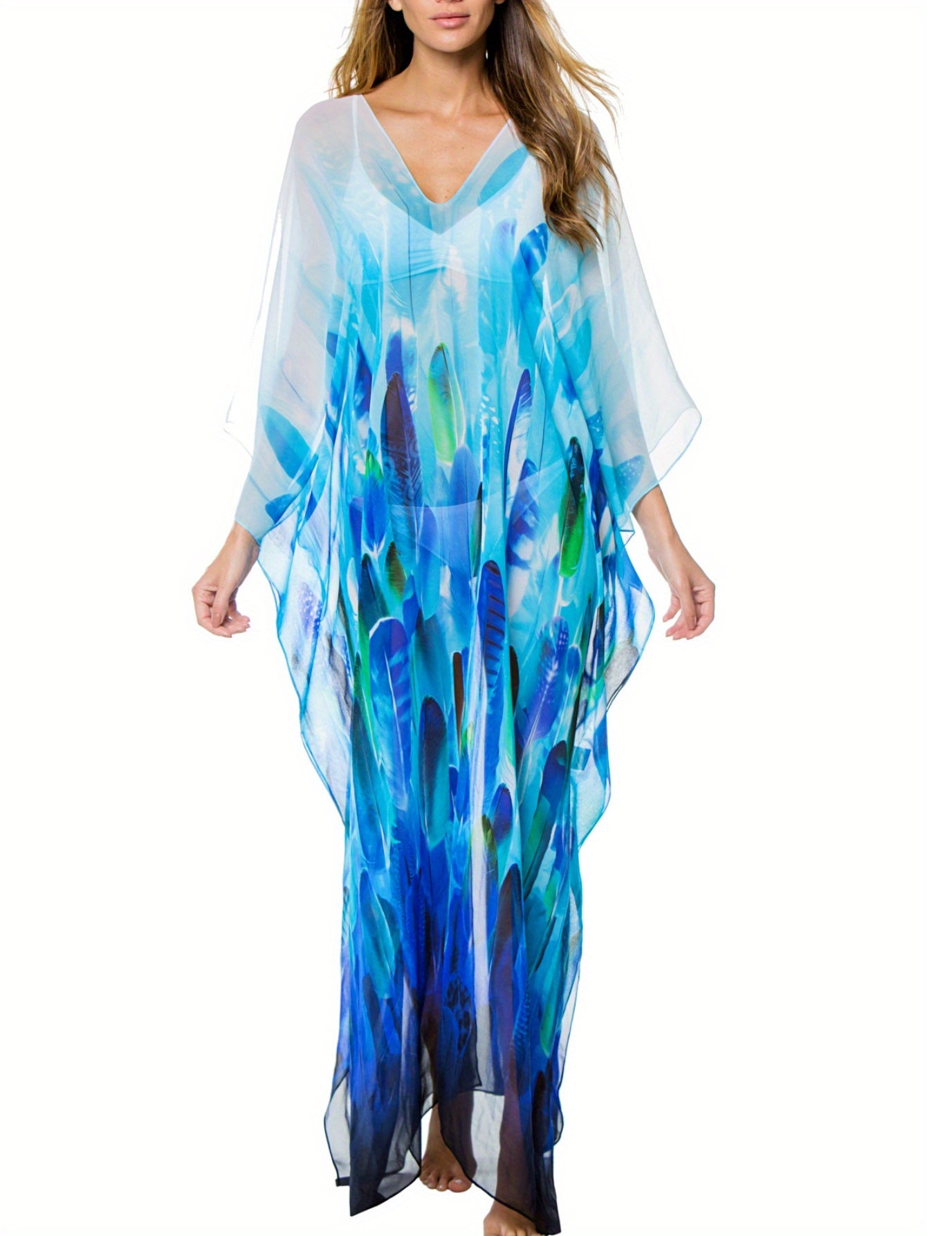 Women's Maxi Beach Cover Up Chiffon Allover Print Loose Fit Beach Cover Up Kaftan Dress MyFave Boutique