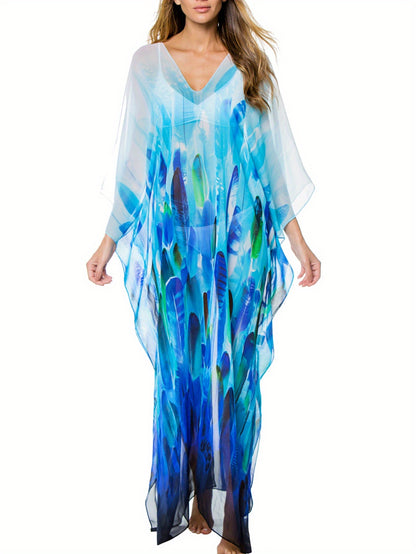 Women's Maxi Beach Cover Up Chiffon Allover Print Loose Fit Beach Cover Up Kaftan Dress MyFave Boutique