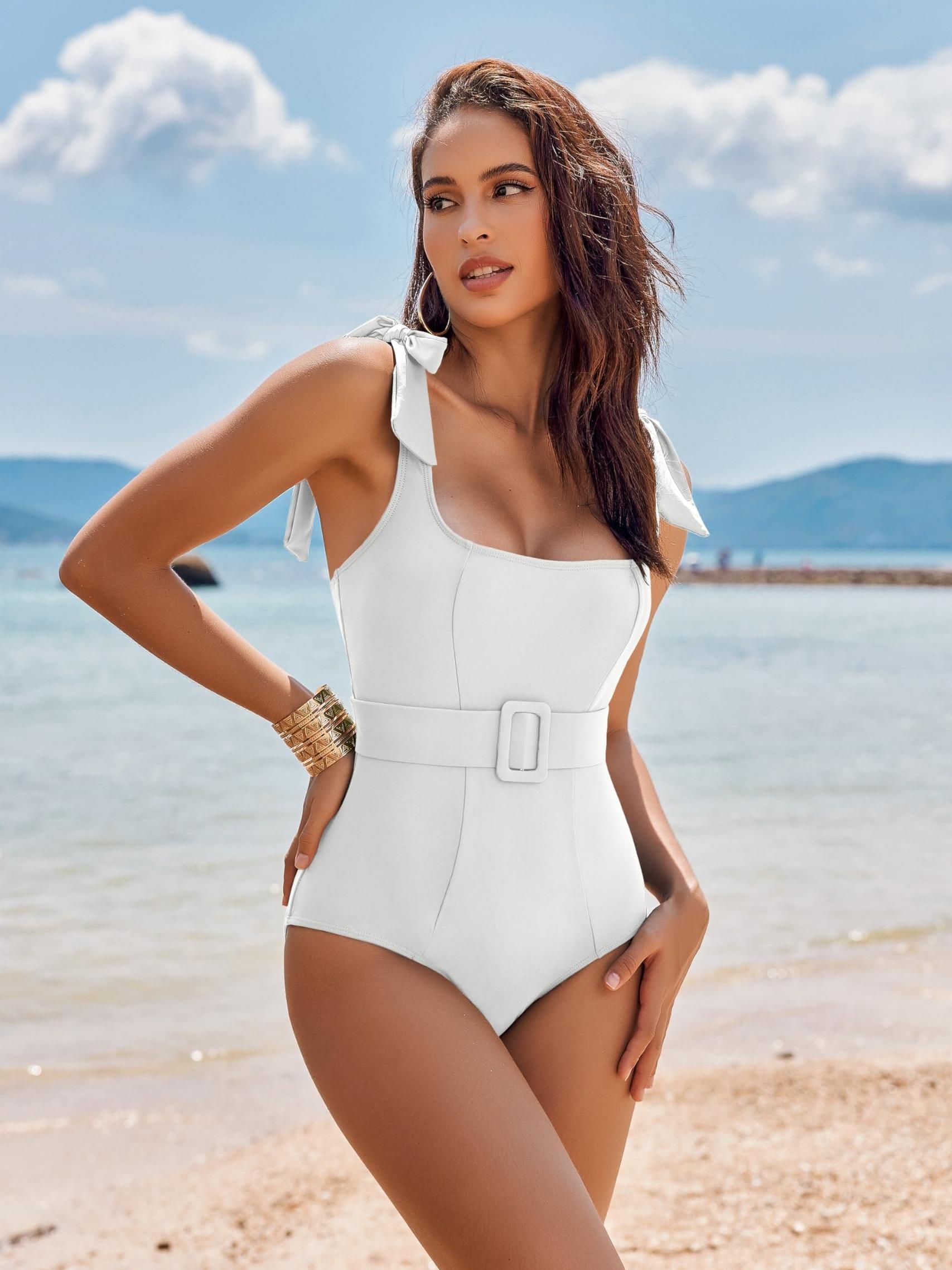 Womens One Piece Swimsuit Belted 2024 Tummy Control Bathing Suits Square Neck Tie Shoulder Swim Suits swim suits for women 2024 beach outfits for women  bathing suit swim skirt plus size swimsuit women's swimwear cover ups vacation swim romper MyFave Boutique