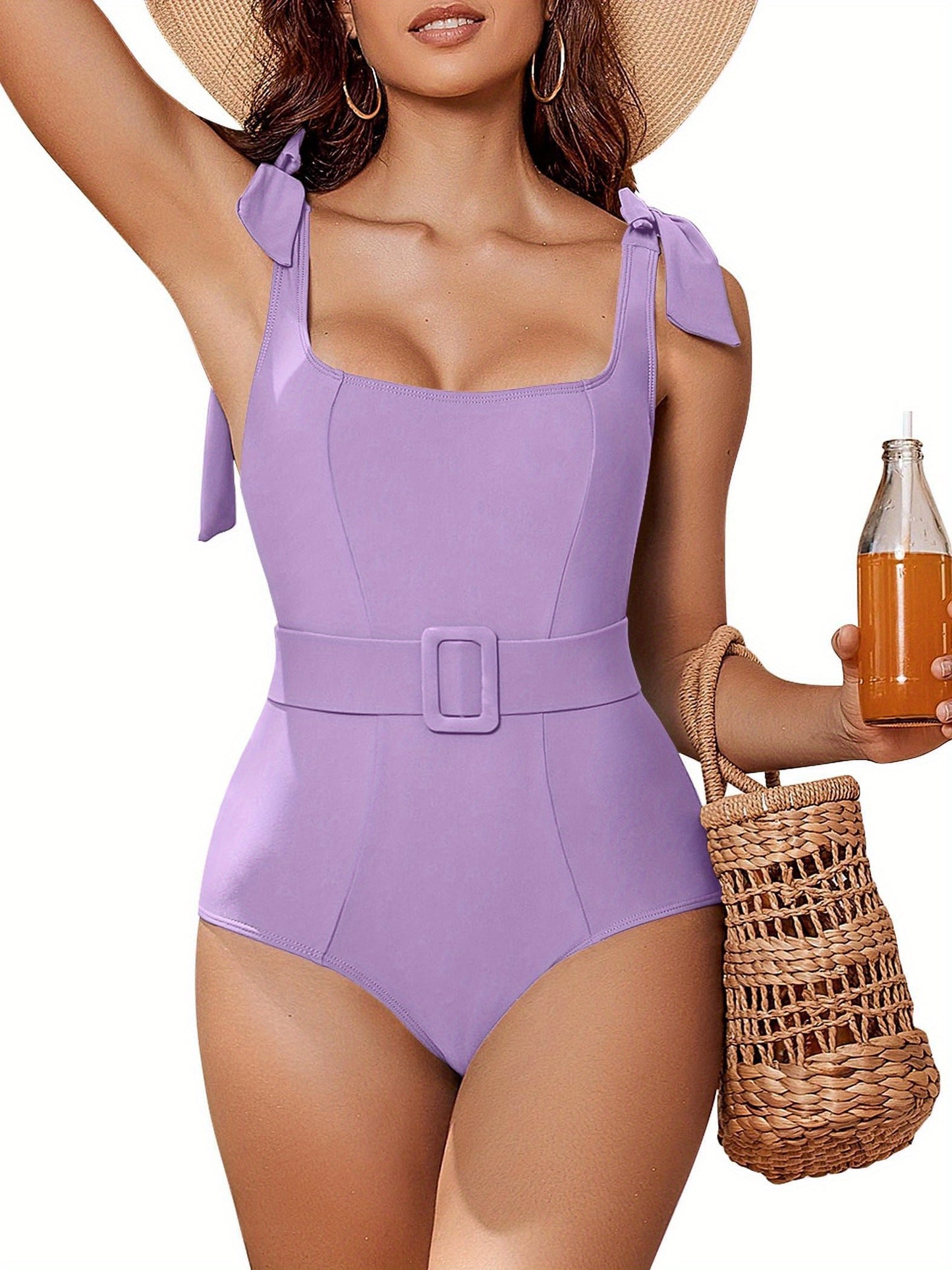 Womens One Piece Swimsuit Belted 2024 Tummy Control Bathing Suits Square Neck Tie Shoulder Swim Suits swim suits for women 2024 beach outfits for women  bathing suit swim skirt plus size swimsuit women's swimwear cover ups vacation swim romper MyFave Boutique