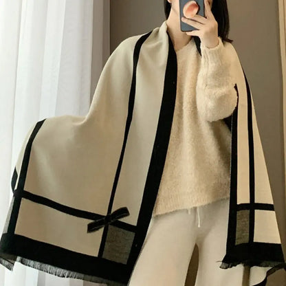 Elegant Bowknot Jacquard Scarf - Soft Imitation Cashmere, Warm & Cozy Large Shawl for Autumn/Winter, Windproof Thick Blanket Scarf with Tassels, Reversible Design MyFave Boutique