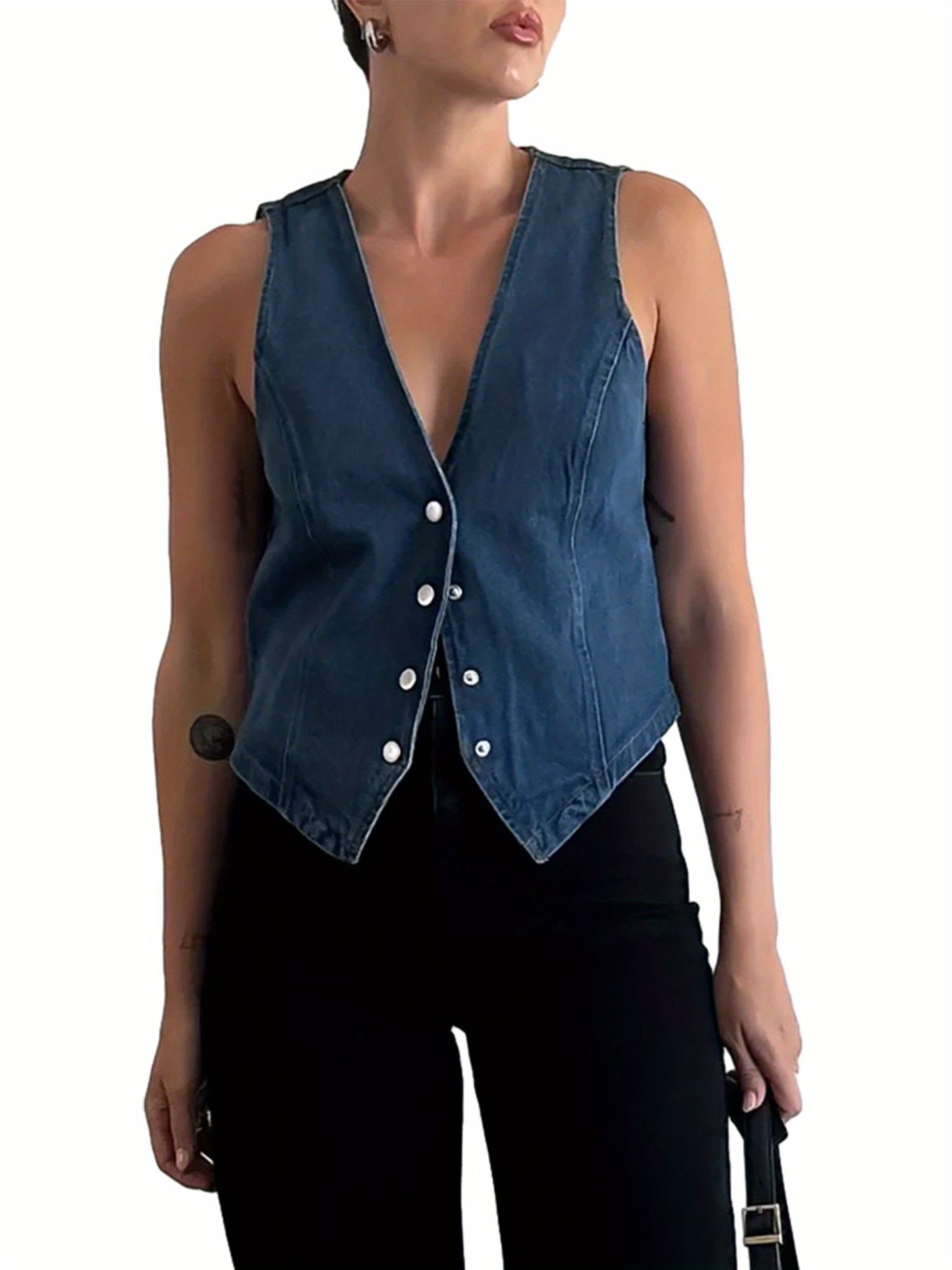 Solid Button Down Vest Jacket, Casual V Neck Sleeveless Vest For Spring & Summer, Women's Clothing MyFave Boutique