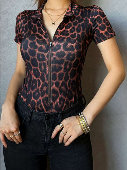 Stunning Brown Leopard Print Short-Sleeved Bodysuit for Women - Zipper Closure, Soft and Comfortable Fabric, Perfect for Night Out or Casual Wear MyFave Boutique