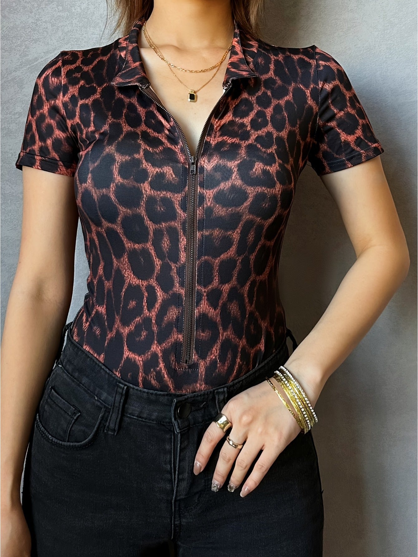 Stunning Brown Leopard Print Short-Sleeved Bodysuit for Women - Zipper Closure, Soft and Comfortable Fabric, Perfect for Night Out or Casual Wear MyFave Boutique