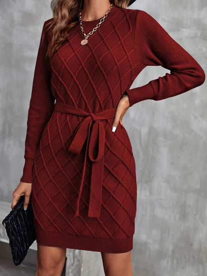 Diamond Pattern Solid Color Dress, Elegant Long Sleeve Crew Neck Tie Waist Slim Dress For Fall, Women's Clothing MyFave Boutique