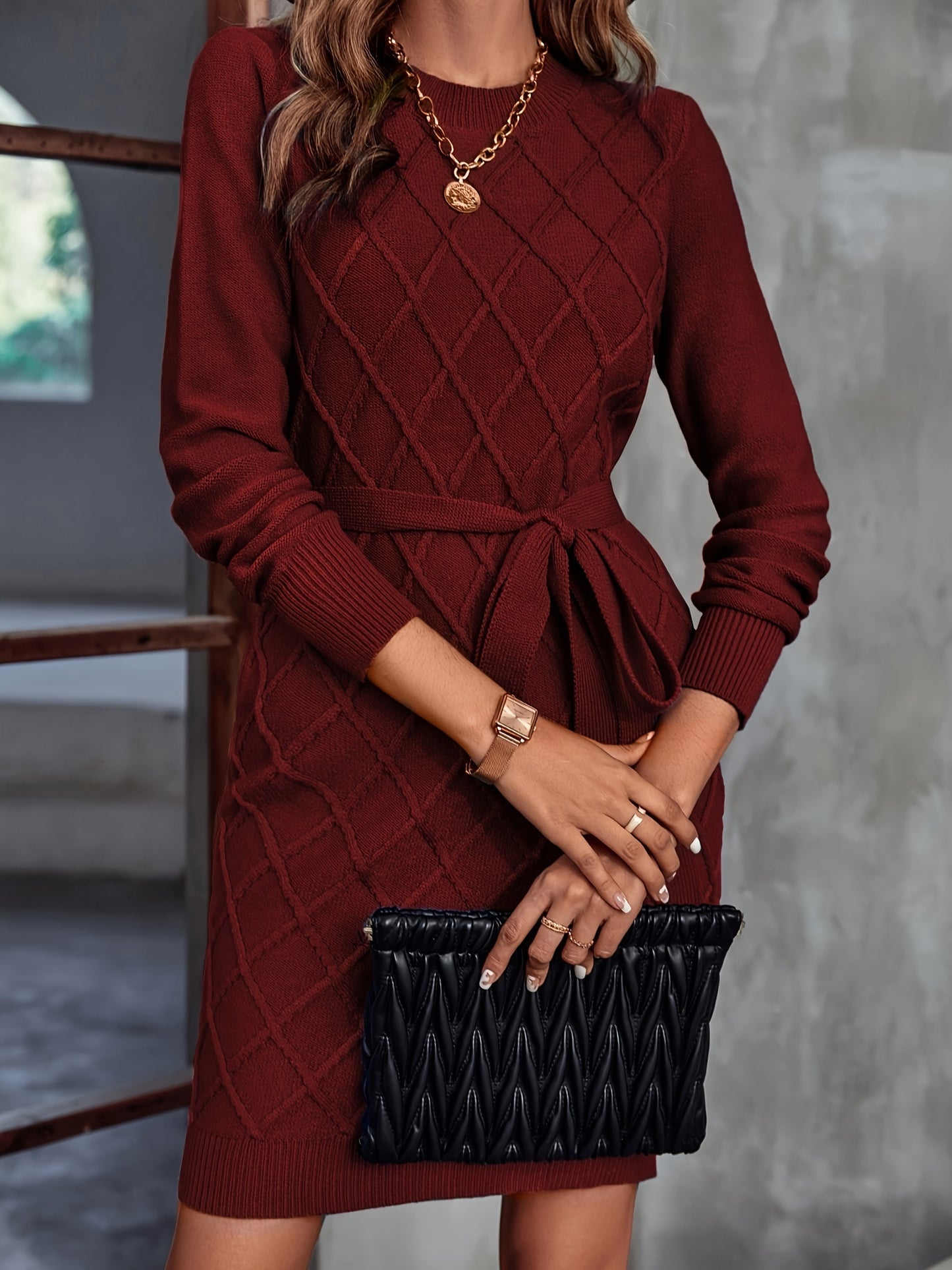 Diamond Pattern Solid Color Dress, Elegant Long Sleeve Crew Neck Tie Waist Slim Dress For Fall, Women's Clothing MyFave Boutique