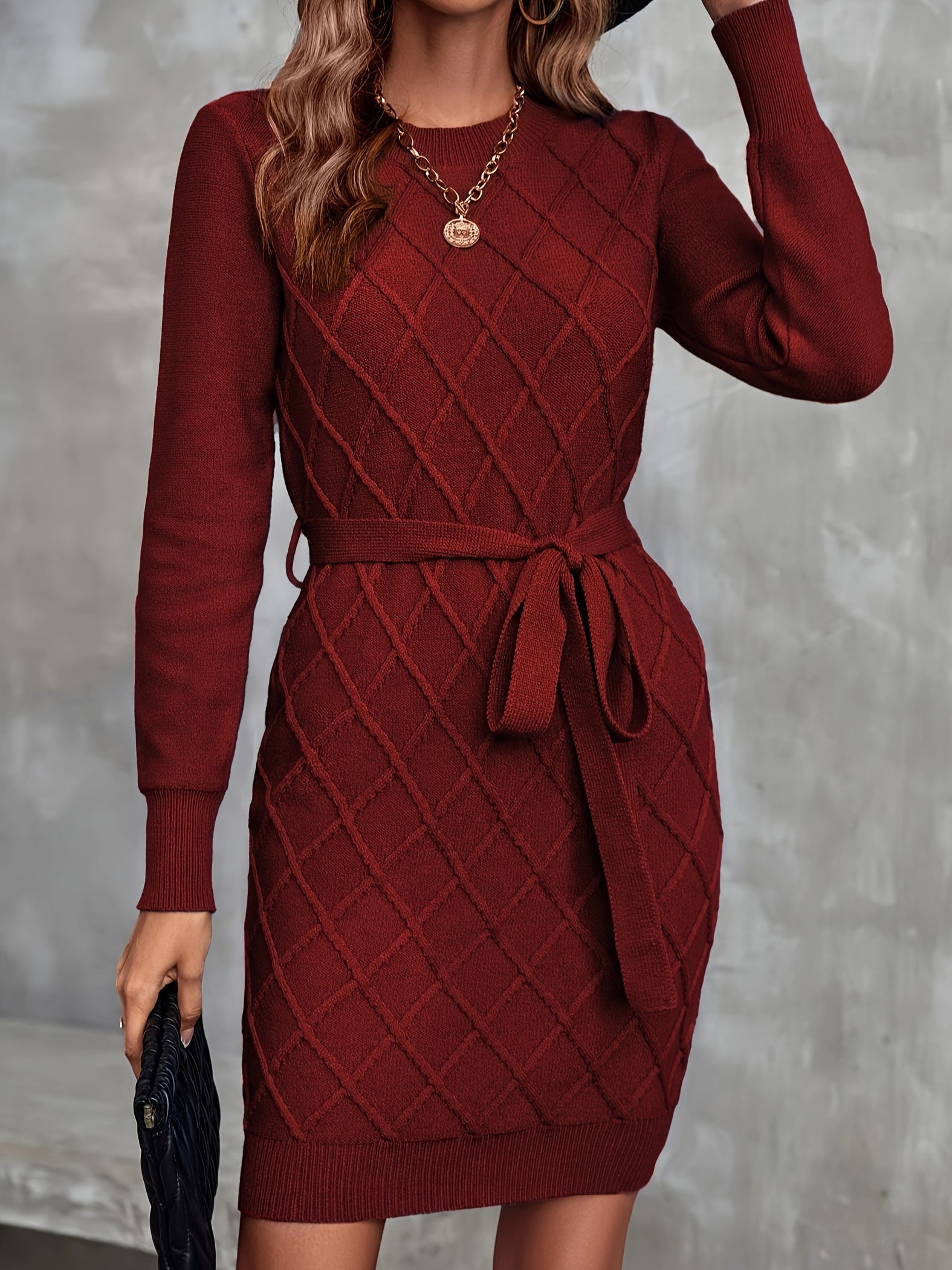 Diamond Pattern Solid Color Dress, Elegant Long Sleeve Crew Neck Tie Waist Slim Dress For Fall, Women's Clothing MyFave Boutique