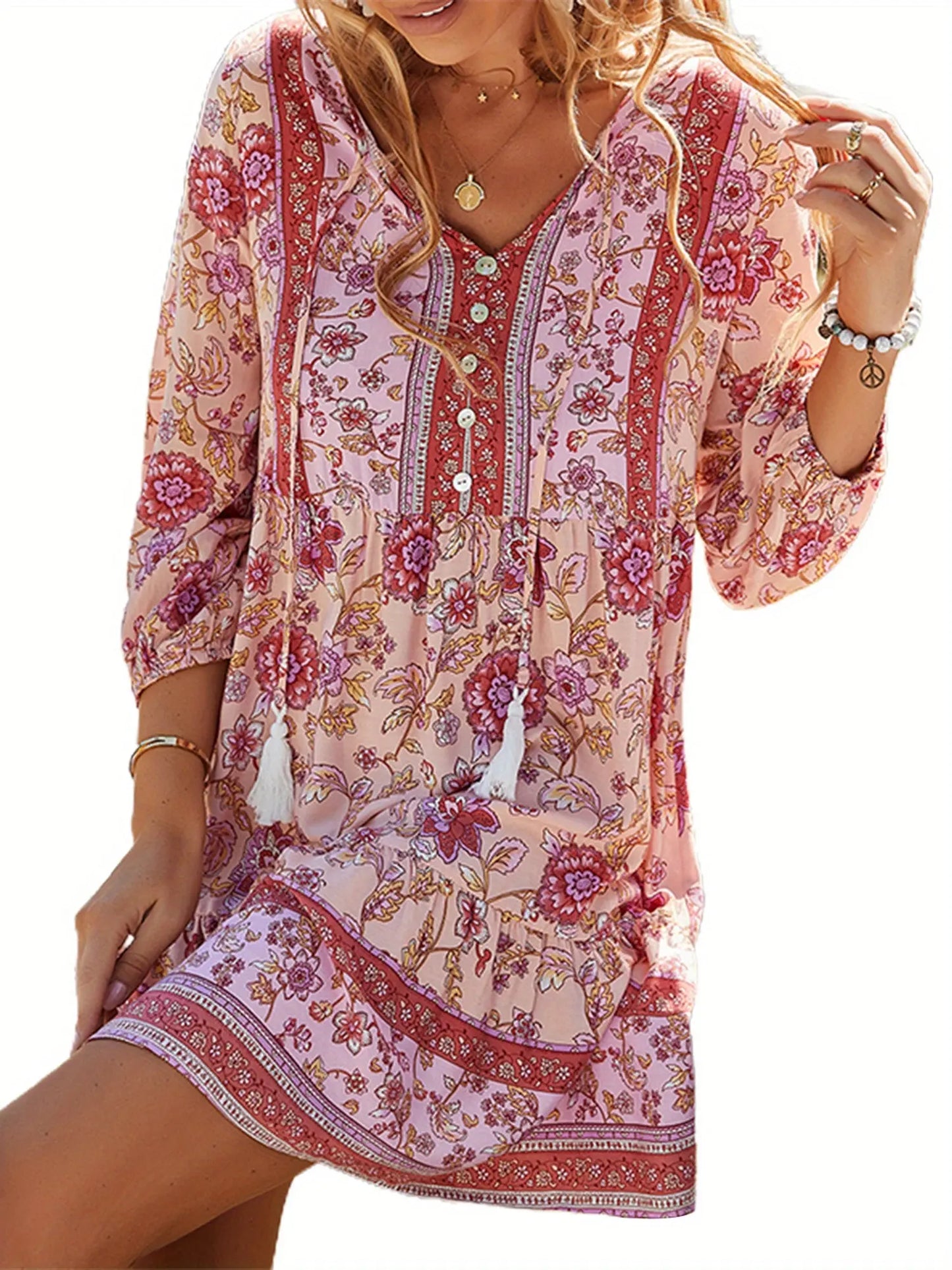 Women's Bohemian Floral Print Short Dress 3/4 Sleeve V Neck Button Front Flowy Dress Tassel Fringe Boho Style Dresses MyFave Boutique