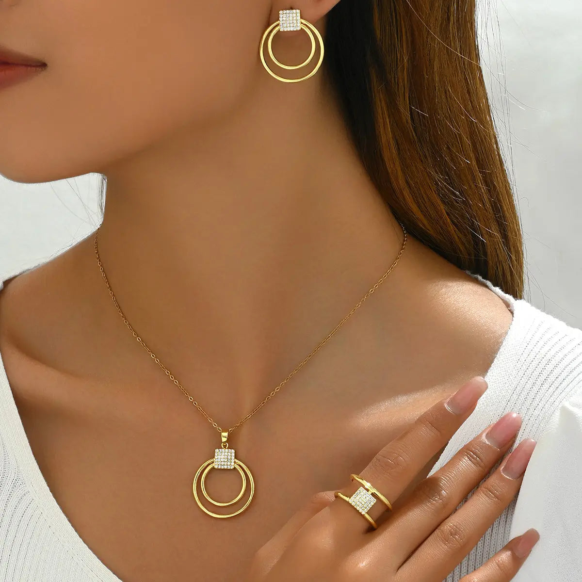 4PCS a set of gold stainless steel jewelry plated with 18K gold cubic zirconia round geometric necklace earrings jewelry set ins niche French retro Korean fashion casual trend all-in-one Gift Lady Daily Street Party to celebrate the holiday wear MyFave Boutique