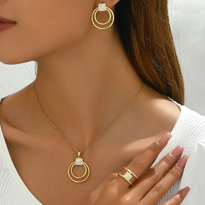 4PCS a set of gold stainless steel jewelry plated with 18K gold cubic zirconia round geometric necklace earrings jewelry set ins niche French retro Korean fashion casual trend all-in-one Gift Lady Daily Street Party to celebrate the holiday wear MyFave Boutique