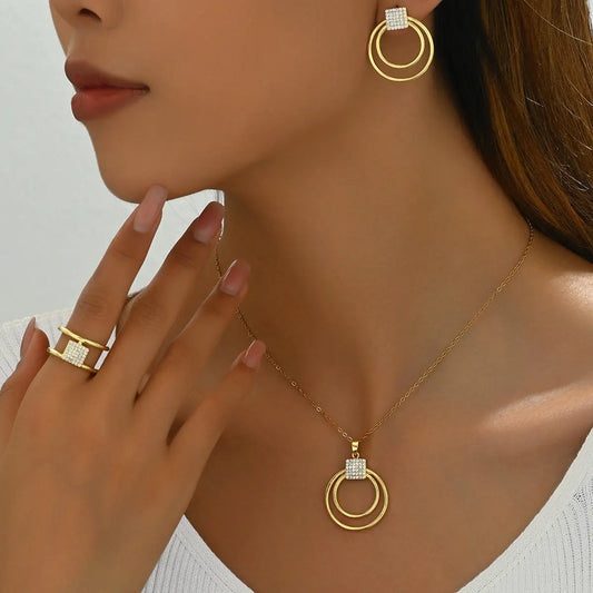 4PCS a set of gold stainless steel jewelry plated with 18K gold cubic zirconia round geometric necklace earrings jewelry set ins niche French retro Korean fashion casual trend all-in-one Gift Lady Daily Street Party to celebrate the holiday wear MyFave Boutique