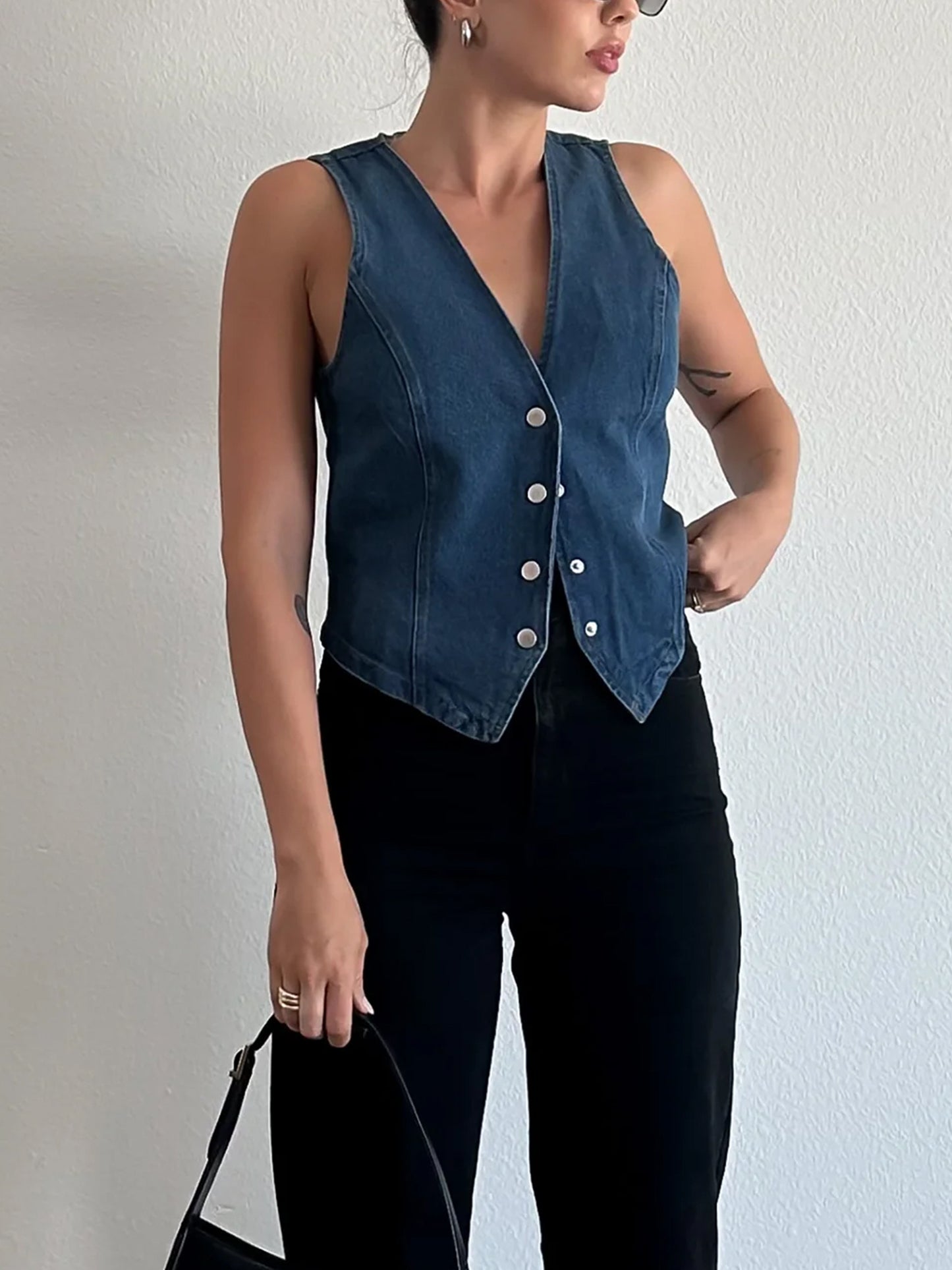 Solid Button Down Vest Jacket, Casual V Neck Sleeveless Vest For Spring & Summer, Women's Clothing MyFave Boutique