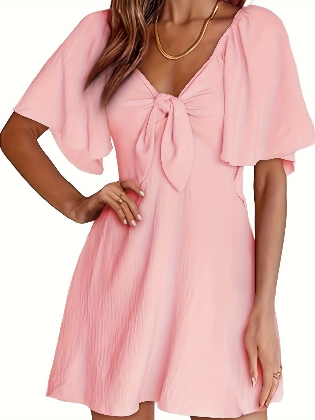 Knot Front V Neck Shirred Dress, Elegant Ruffle Sleeve Mini Dress For Spring & Summer, Women's Clothing MyFave Boutique