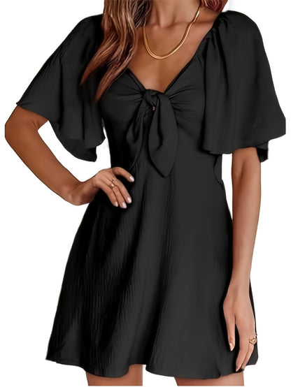 Knot Front V Neck Shirred Dress, Elegant Ruffle Sleeve Mini Dress For Spring & Summer, Women's Clothing MyFave Boutique