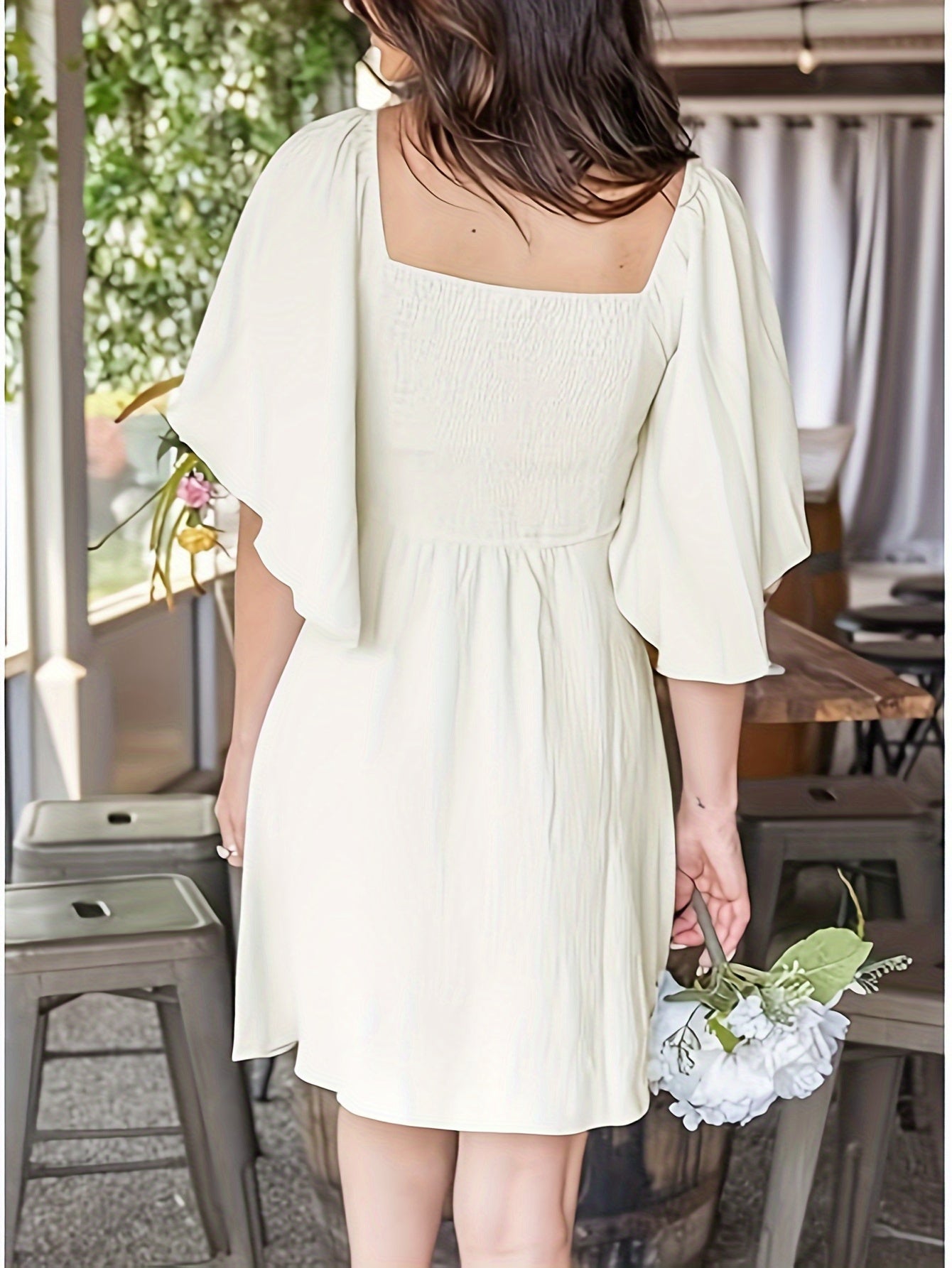 Knot Front V Neck Shirred Dress, Elegant Ruffle Sleeve Mini Dress For Spring & Summer, Women's Clothing MyFave Boutique