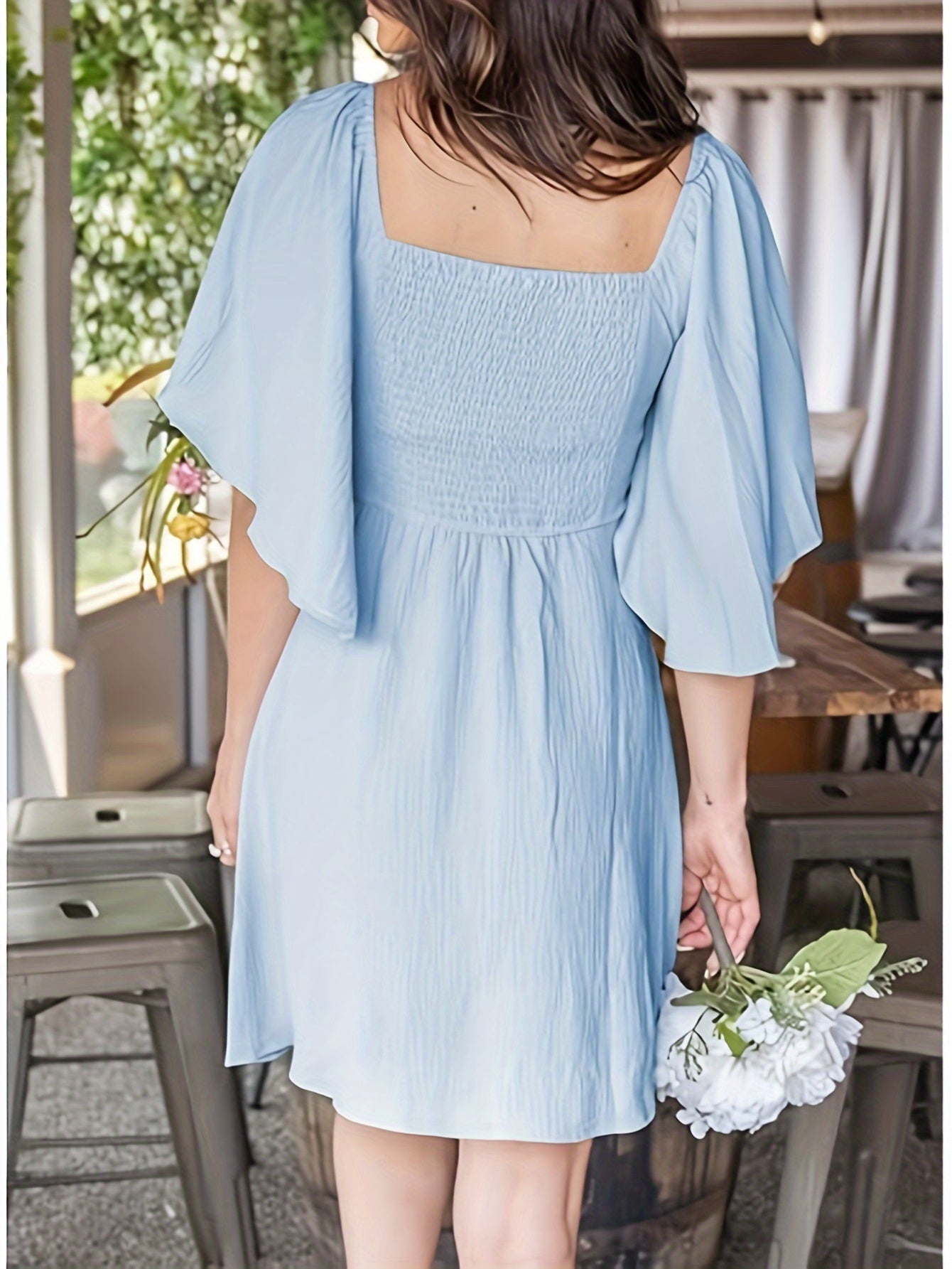 Knot Front V Neck Shirred Dress, Elegant Ruffle Sleeve Mini Dress For Spring & Summer, Women's Clothing MyFave Boutique