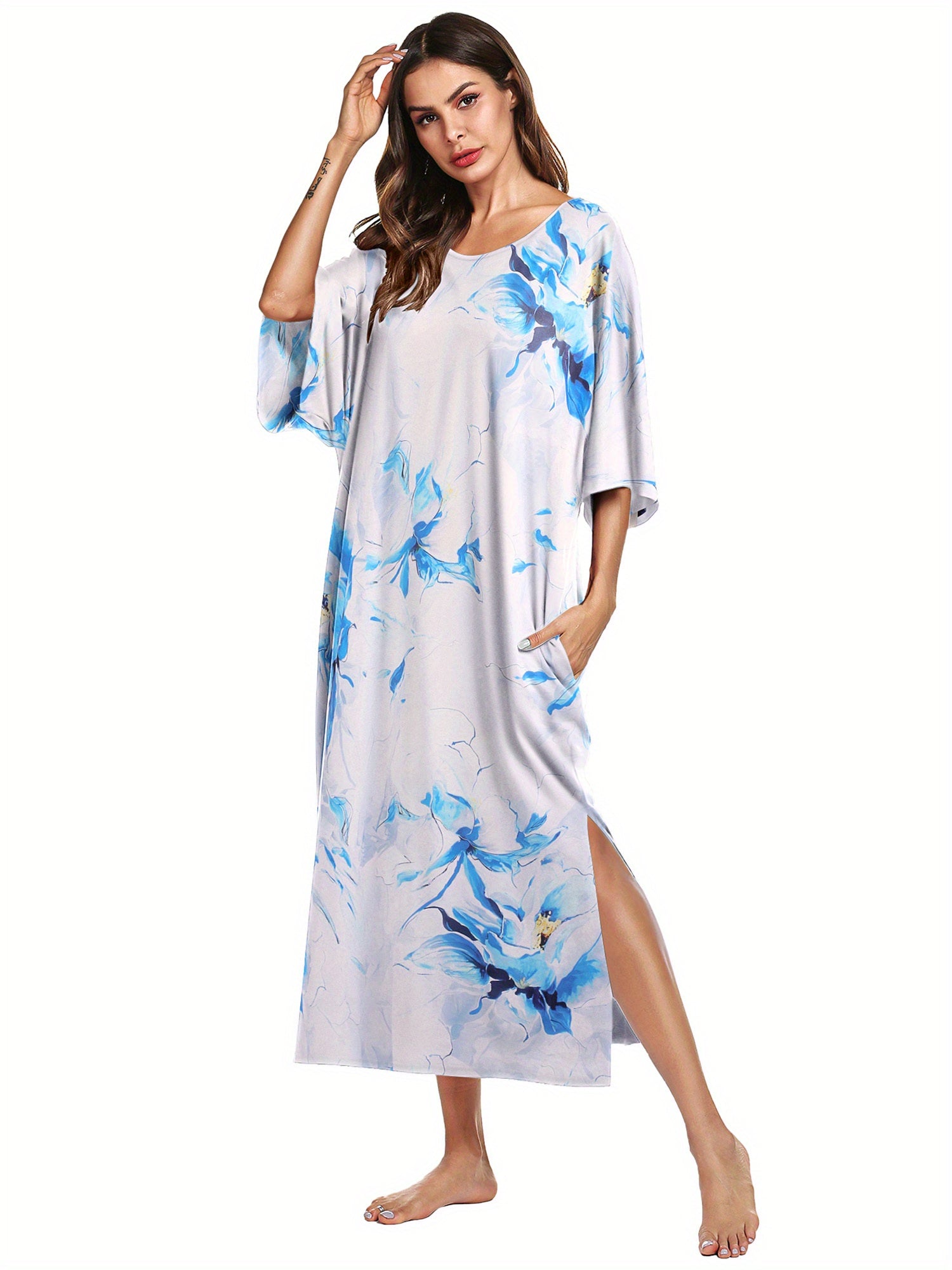 Women's Floral Print Lounge Dress, Three Quarter Sleeve Round Neck Side Split Loose Fit Dress MyFave Boutique