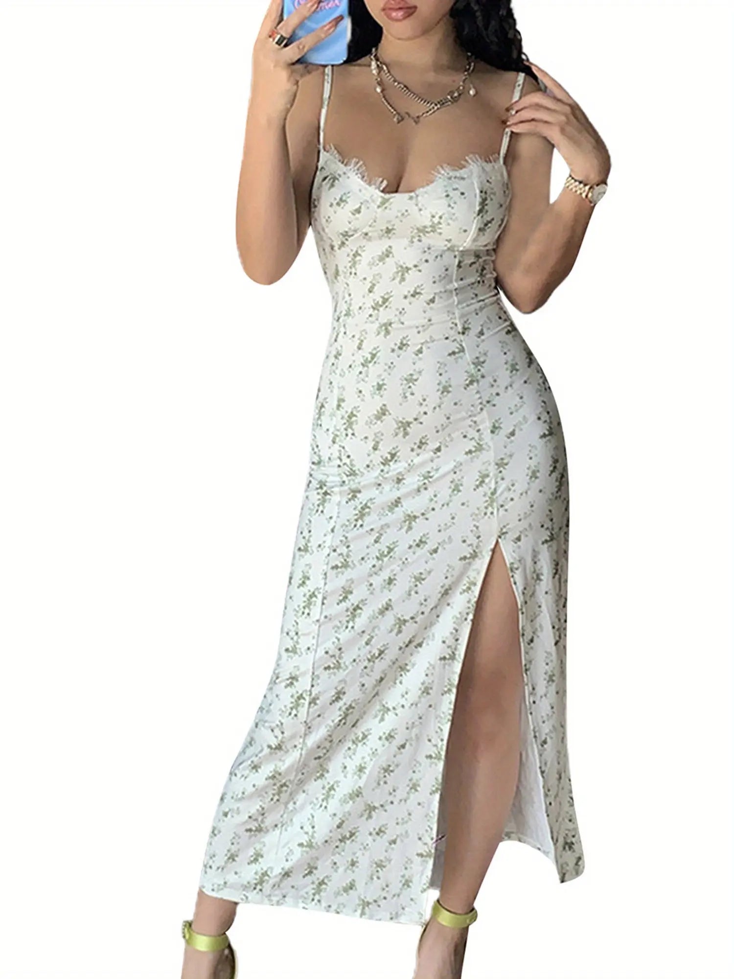 Women Slip Long Dress, Sleeveless Spaghetti Strap Floral Print Lace Trim Slit Hem Bodycon Dress for Party Club MyFave Boutique