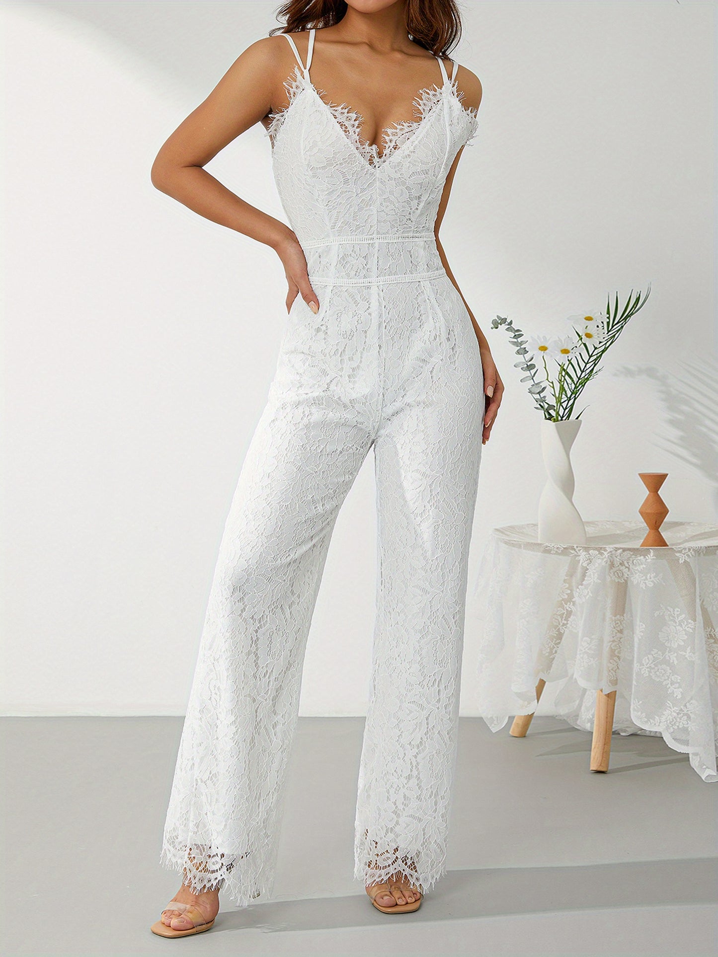 Womens Sexy Lace Sleeveless Backless See Through Mesh Hollow Out Ruffle Long Pants Bodycon Jumpsuit Rompers Clubwear MyFave Boutique