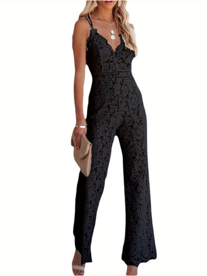 Womens Sexy Lace Sleeveless Backless See Through Mesh Hollow Out Ruffle Long Pants Bodycon Jumpsuit Rompers Clubwear MyFave Boutique