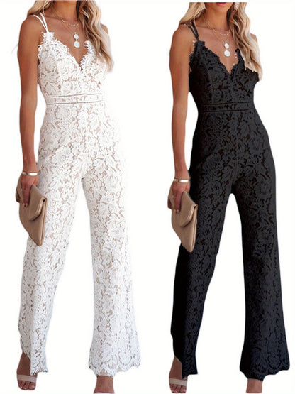 Womens Sexy Lace Sleeveless Backless See Through Mesh Hollow Out Ruffle Long Pants Bodycon Jumpsuit Rompers Clubwear MyFave Boutique