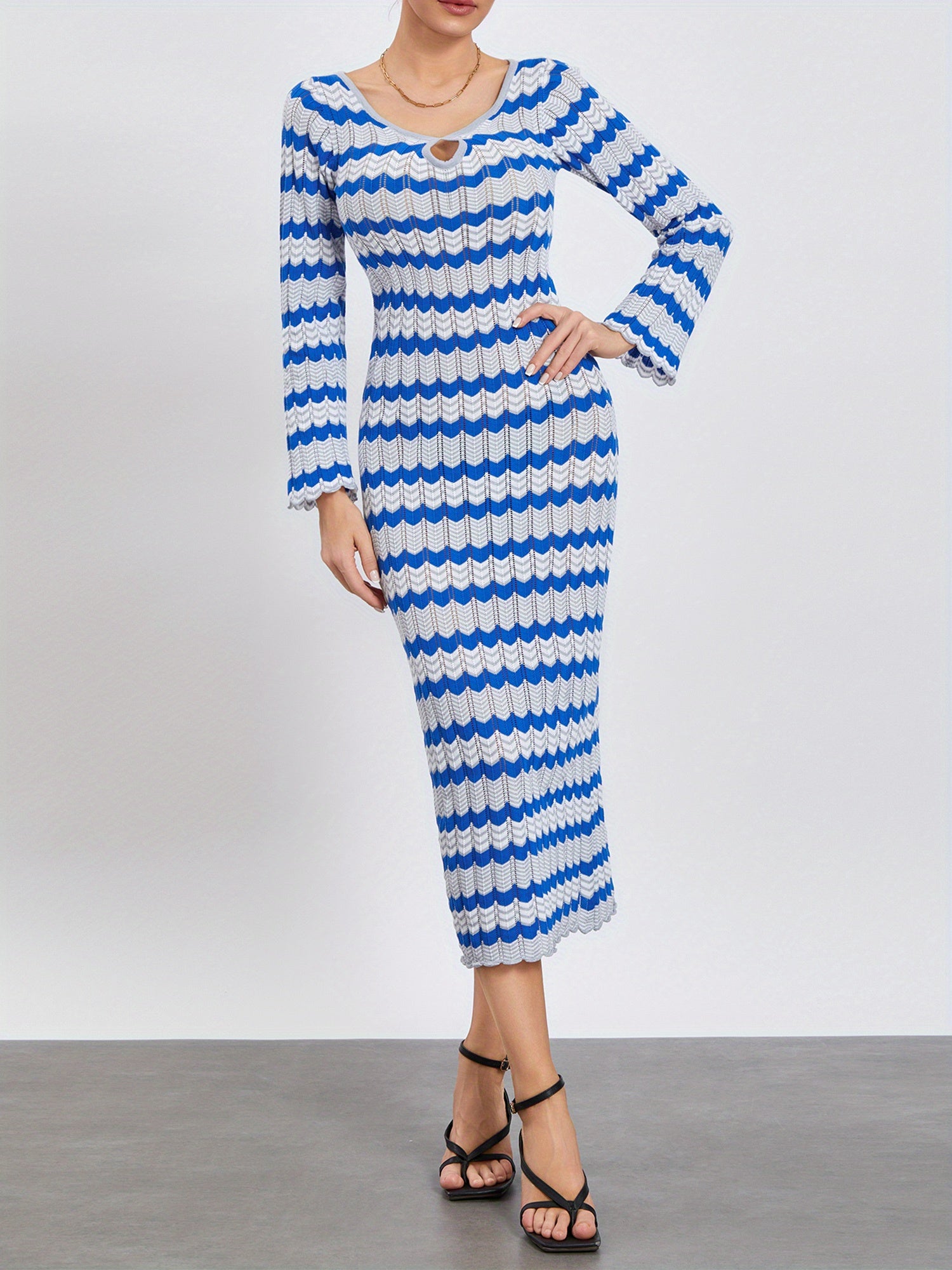 Striped Keyhole Knitted Midi Dress, Casual Long Sleeve Bodycon Dress For Summer & Fall, Women's Clothing MyFave Boutique