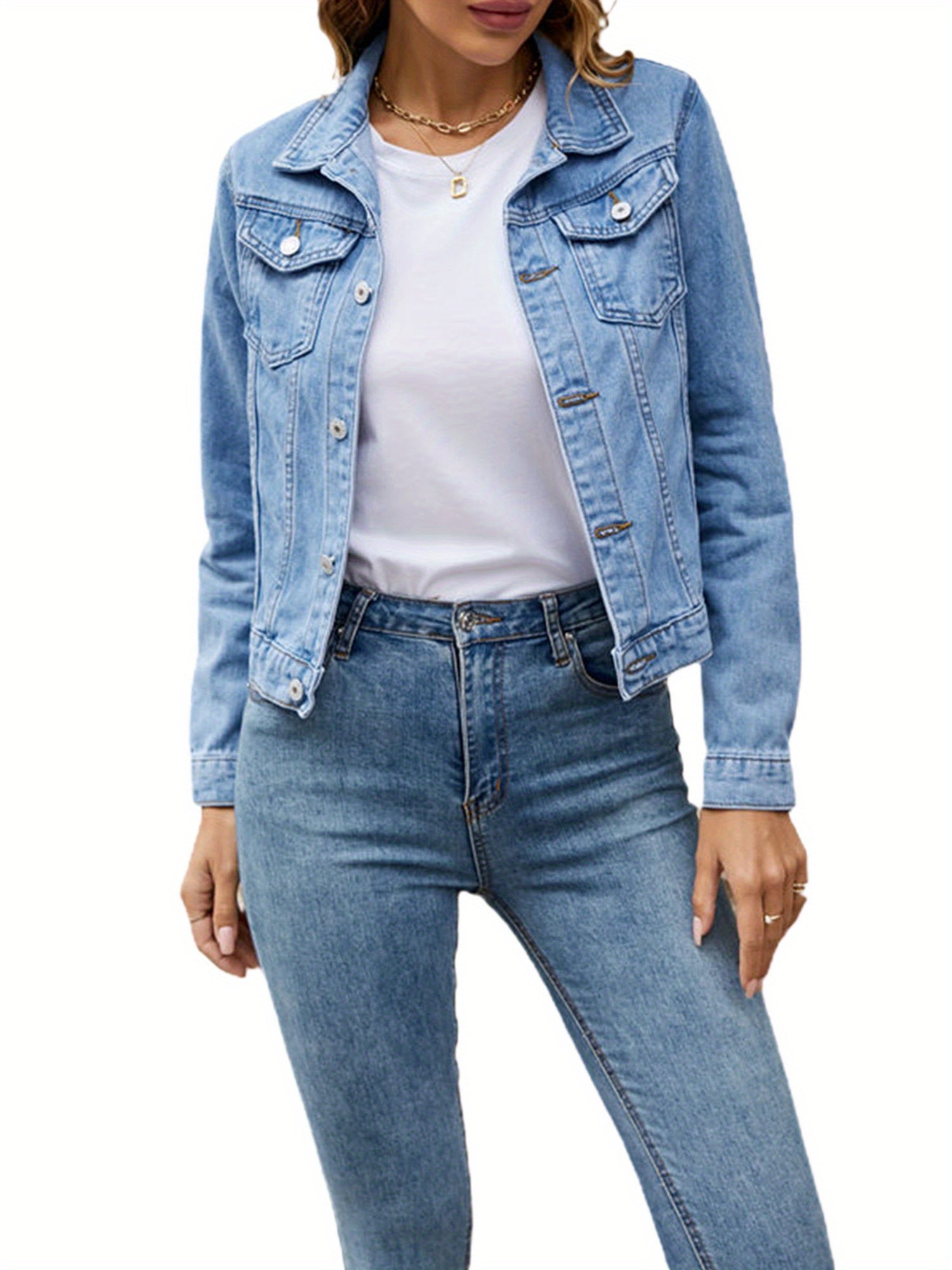 Womens Solid Color Denim Jacket, Casual Long Sleeve Button Down Chest Pocket Jean Jacket MyFave Boutique