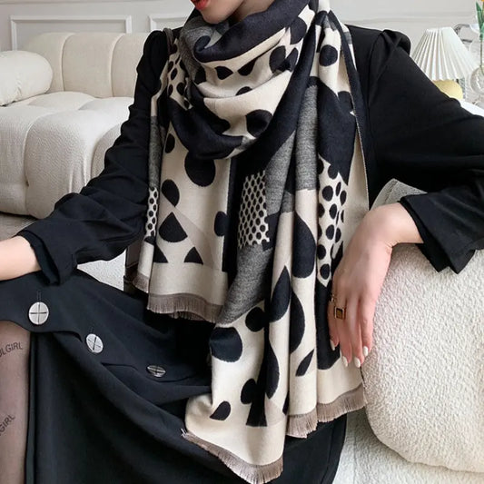 Elegant Black Polka Dot Reversible Scarf - Thick, Warm Imitation Cashmere with Tassels for Autumn & Winter MyFave Boutique