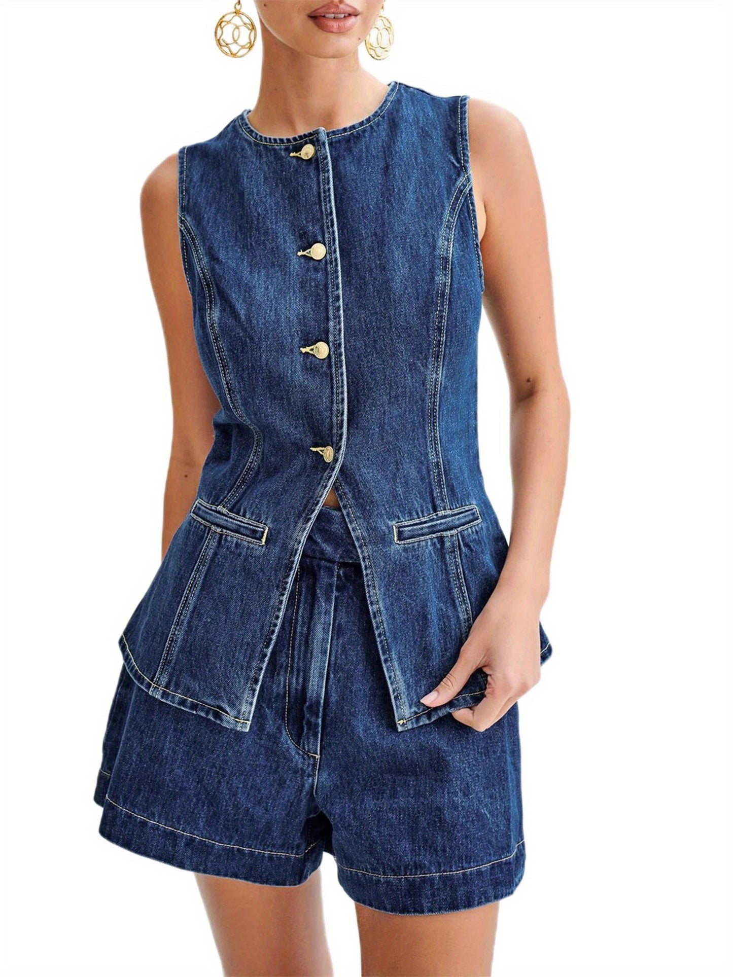 Women Y2k Button Front Denim Vest Tops Back Slit Sleeveless Round Neck Waistcoat with Pocket Jean Jacket MyFave Boutique