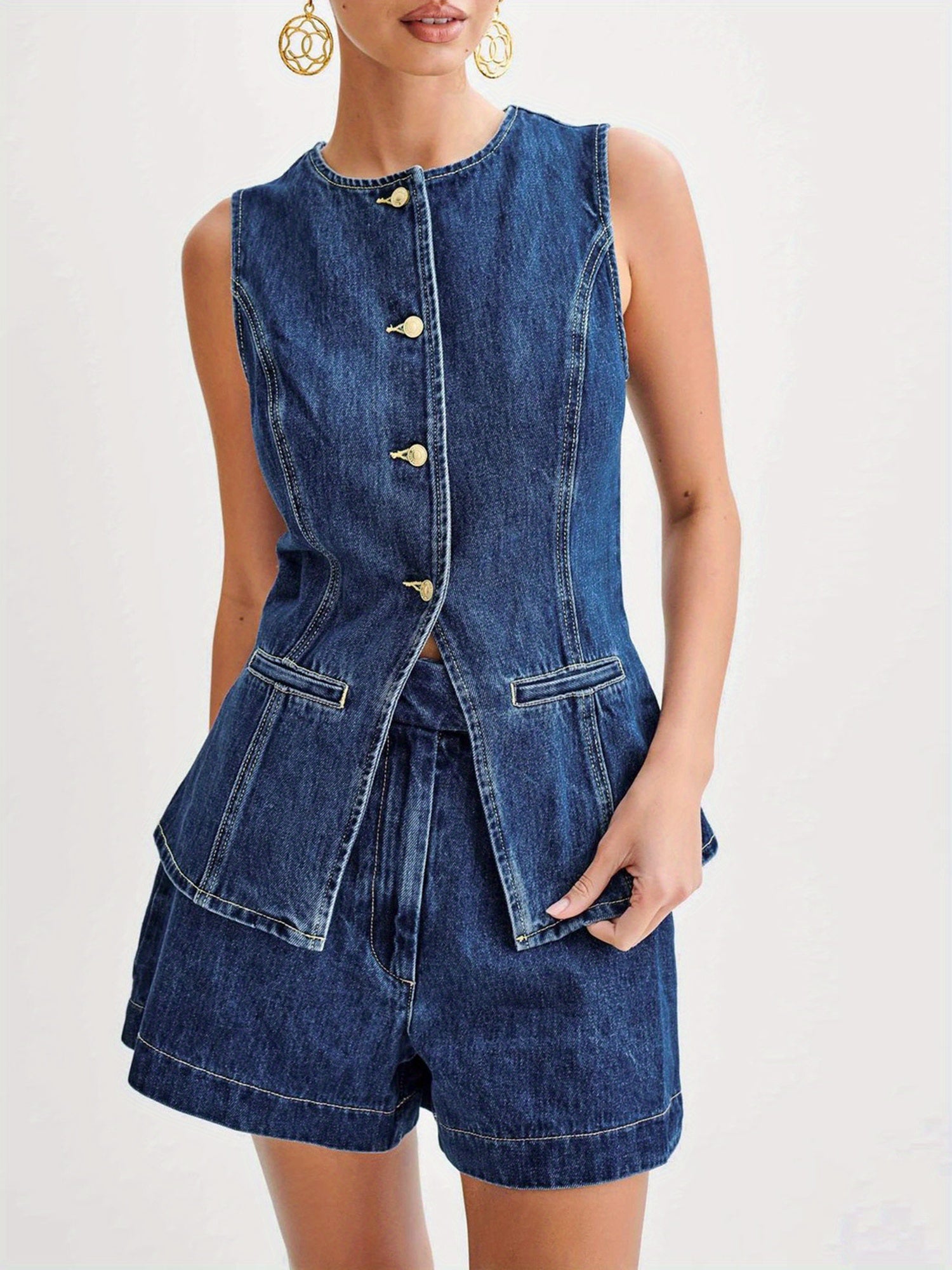 Women's Casual Denim Long Vest Tops Button-up Back Slit Sleeveless Pocket Round Neck Waistcoat MyFave Boutique