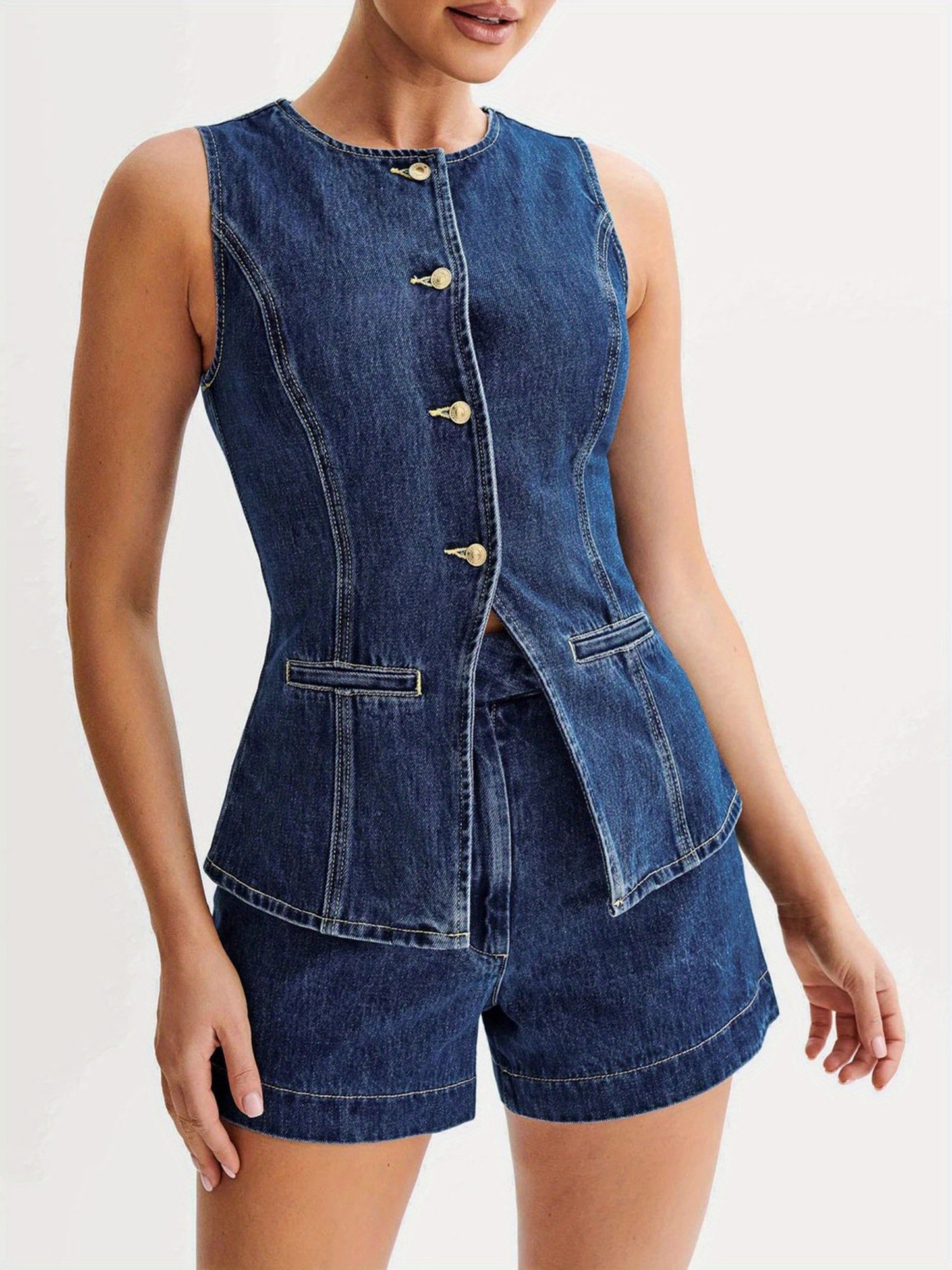 Women's Casual Denim Long Vest Tops Button-up Back Slit Sleeveless Pocket Round Neck Waistcoat MyFave Boutique