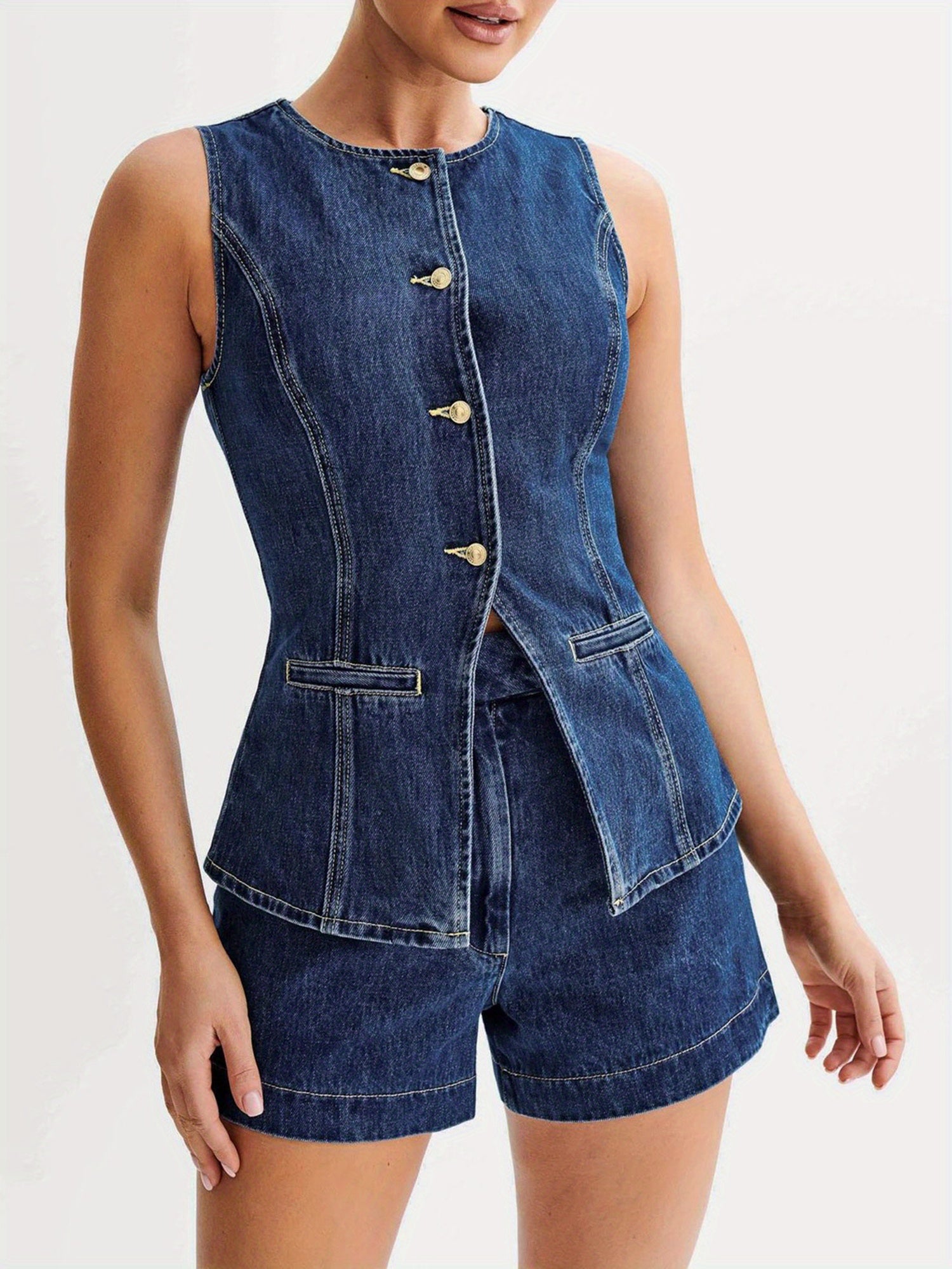 Women Y2k Button Front Denim Vest Tops Back Slit Sleeveless Round Neck Waistcoat with Pocket Jean Jacket MyFave Boutique