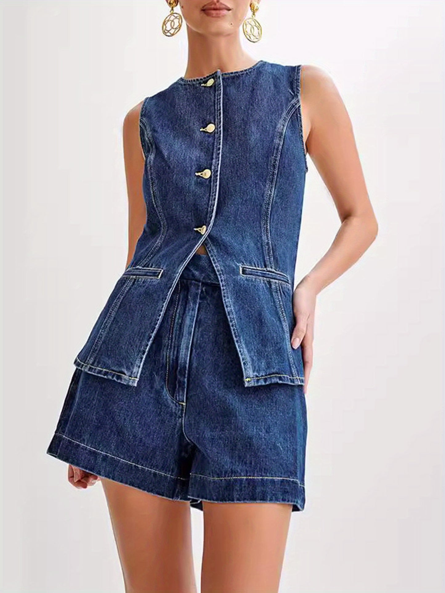 Women's Casual Denim Long Vest Tops Button-up Back Slit Sleeveless Pocket Round Neck Waistcoat MyFave Boutique