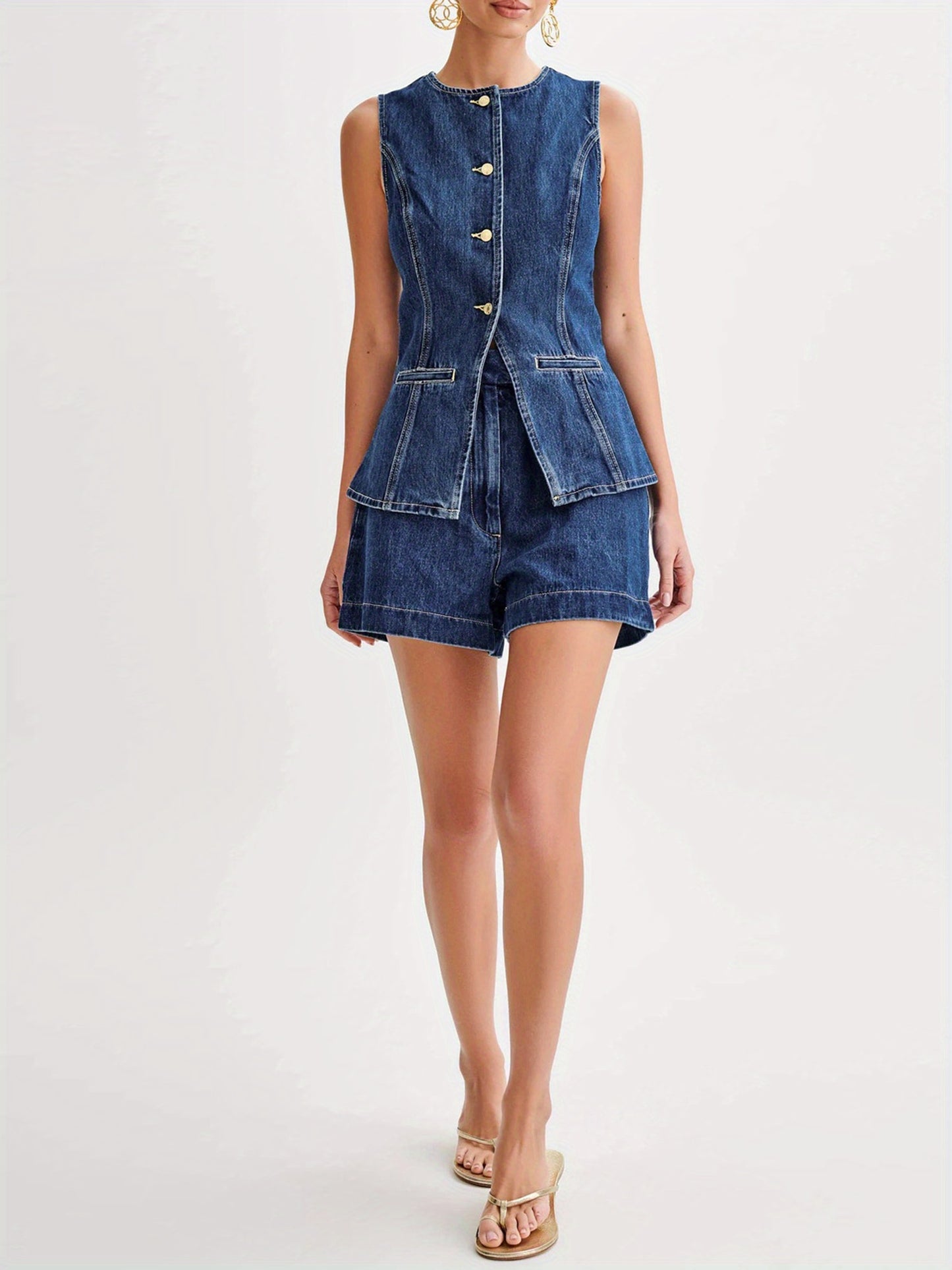 Women's Casual Denim Long Vest Tops Button-up Back Slit Sleeveless Pocket Round Neck Waistcoat MyFave Boutique