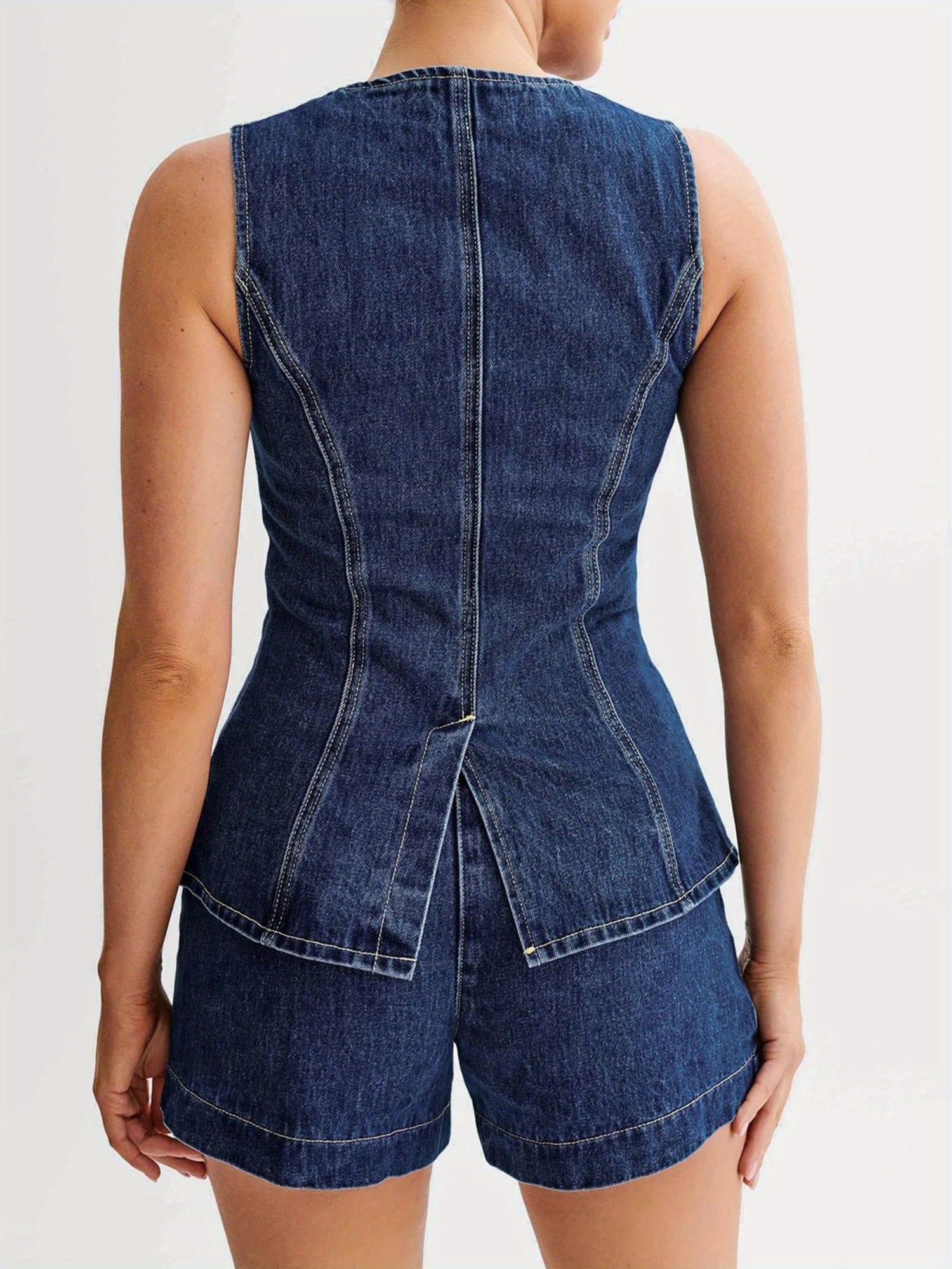 Women's Casual Denim Long Vest Tops Button-up Back Slit Sleeveless Pocket Round Neck Waistcoat MyFave Boutique