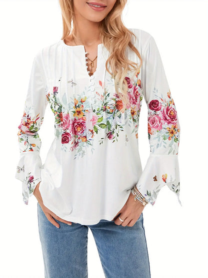 Women's Spring Floral Loose Blouse - 3/4 Sleeve V-Neck Button Up Top MyFave Boutique