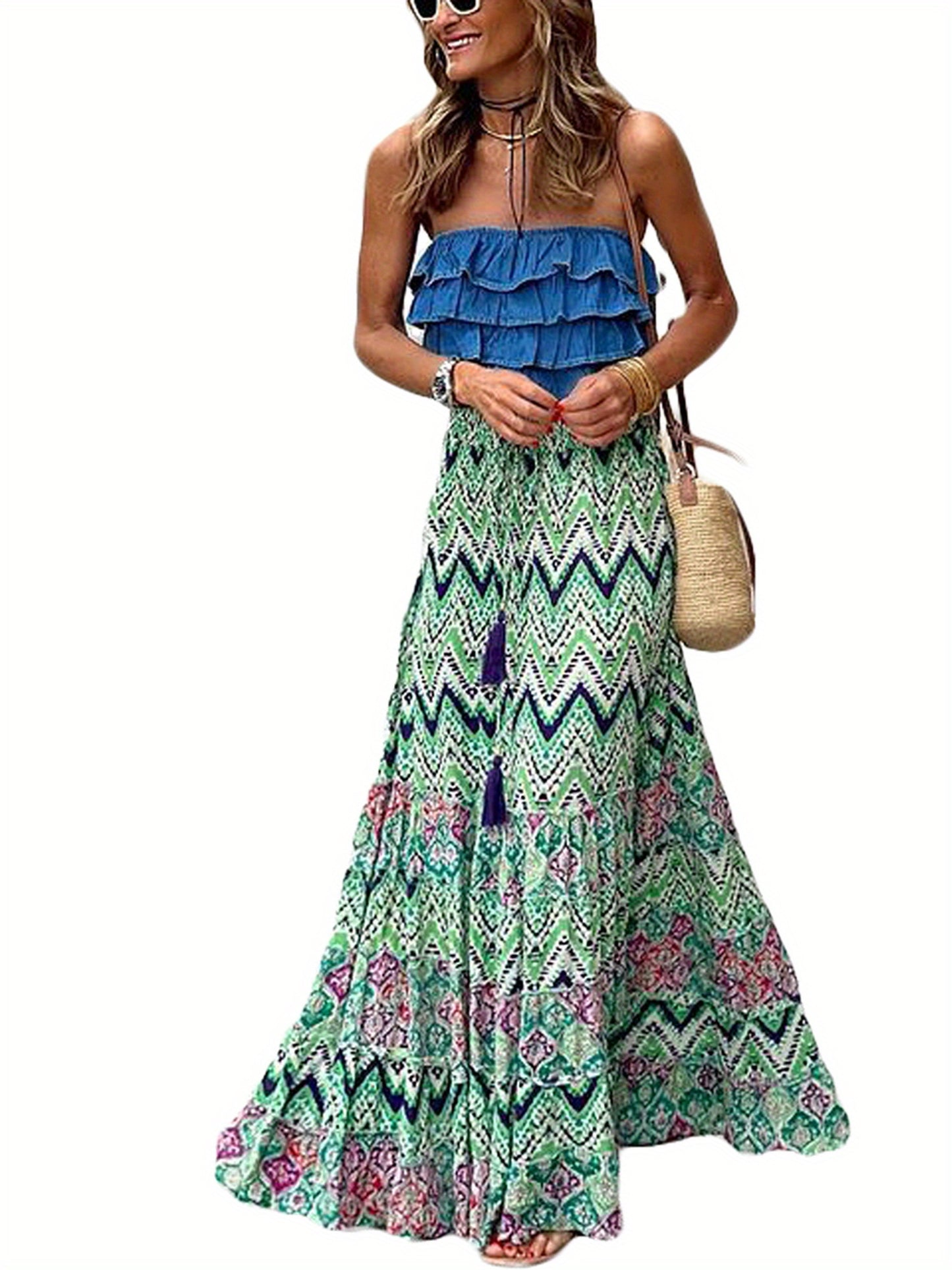 Women Flowy Boho Skirt Printed Ruffled Hem Summer Casual Skirt for Beach Vacation Club Streetwear Aesthetic Clothes MyFave Boutique