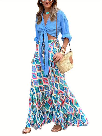 Women Flowy Boho Skirt Printed Ruffled Hem Summer Casual Skirt for Beach Vacation Club Streetwear Aesthetic Clothes MyFave Boutique